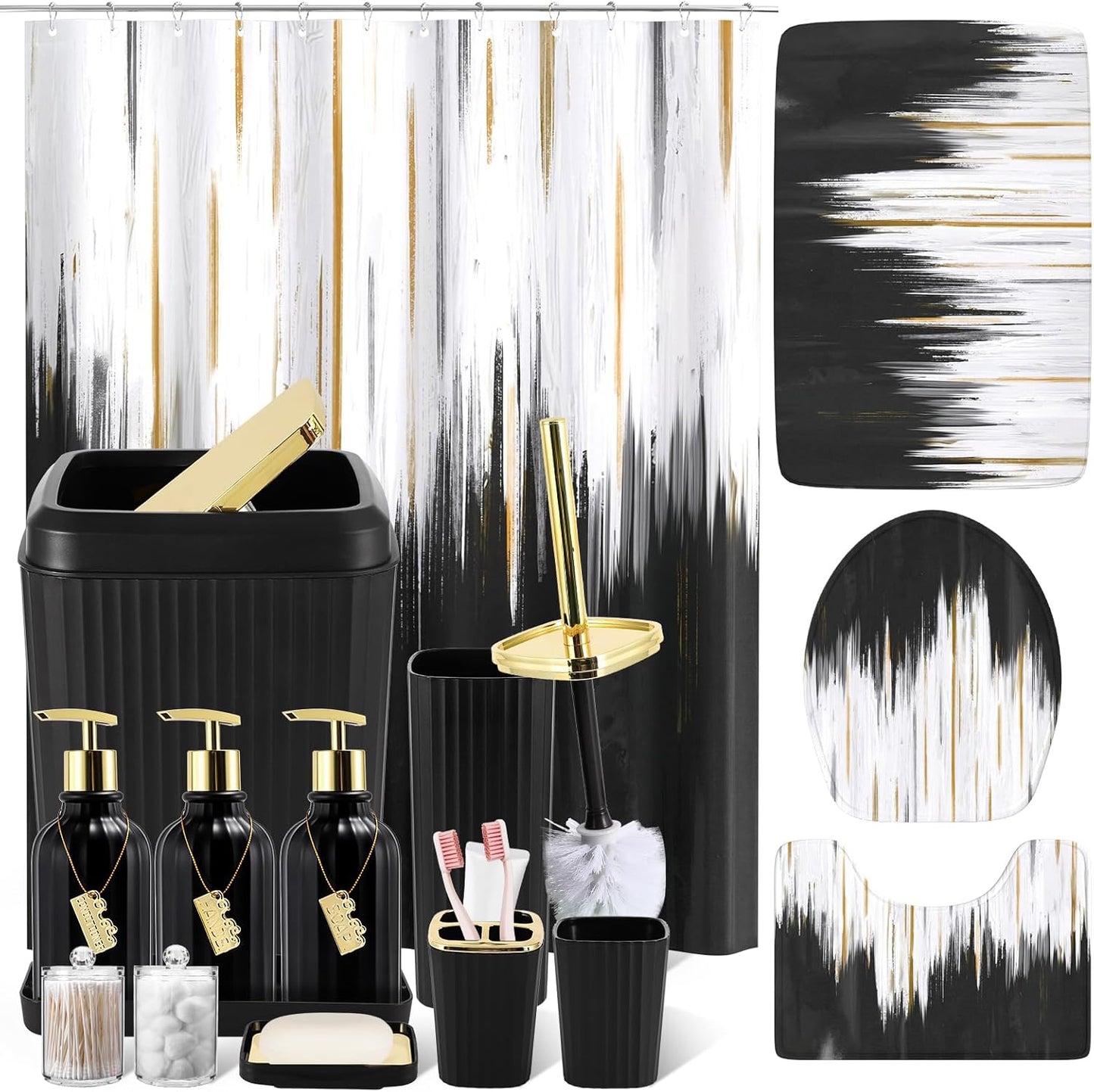 32PCS Bathroom Accessory Set Bathroom Accessories Set Navy Blue Bathroom Set, Shower Curtain Set, 2 Piece Bath Towel Set, 3PC Soap Dispenser, Toilet Brush & Trash Can