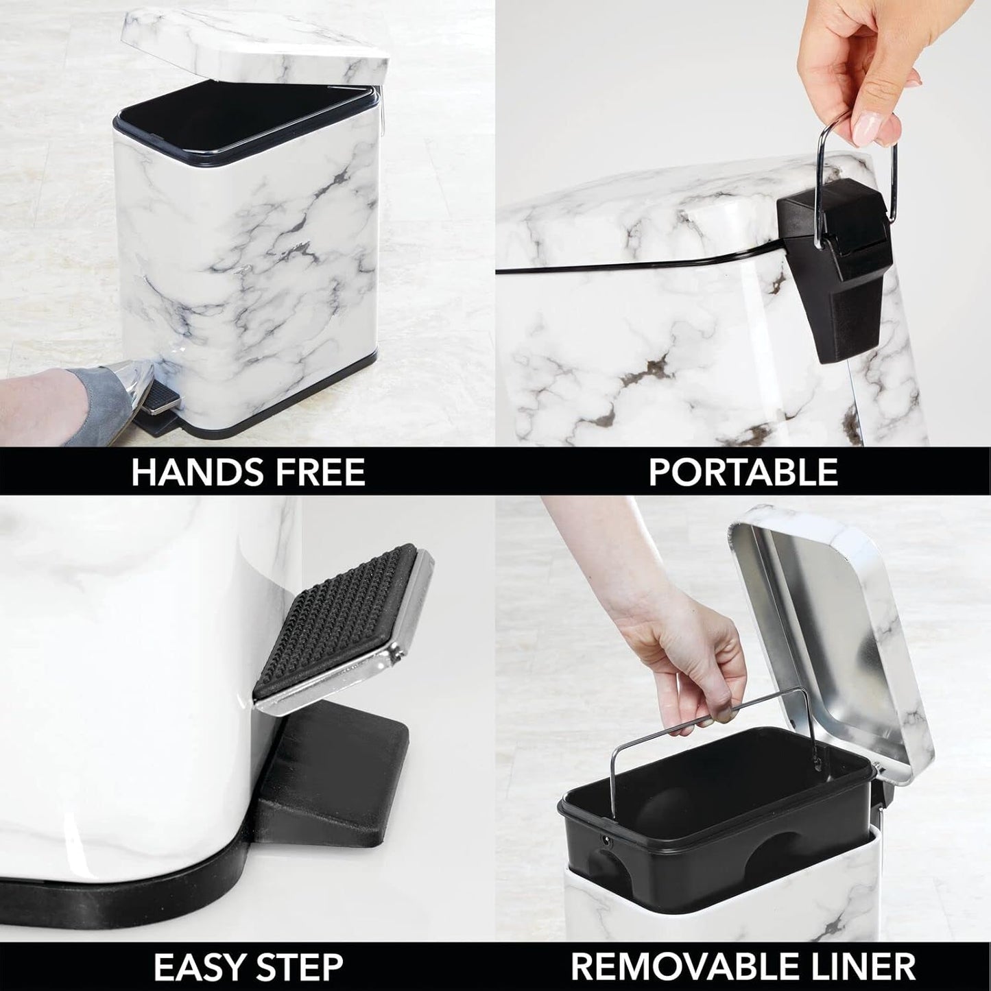 mDesign Metal Freestanding Slim Toilet Bowl Brush and Holder + Rectangle Narrow 5 Liter / 1.3 Gallon Step Pedal Trash Can Wastebasket for Bathroom - Small, Compact Design - Set of 2 - White Marble