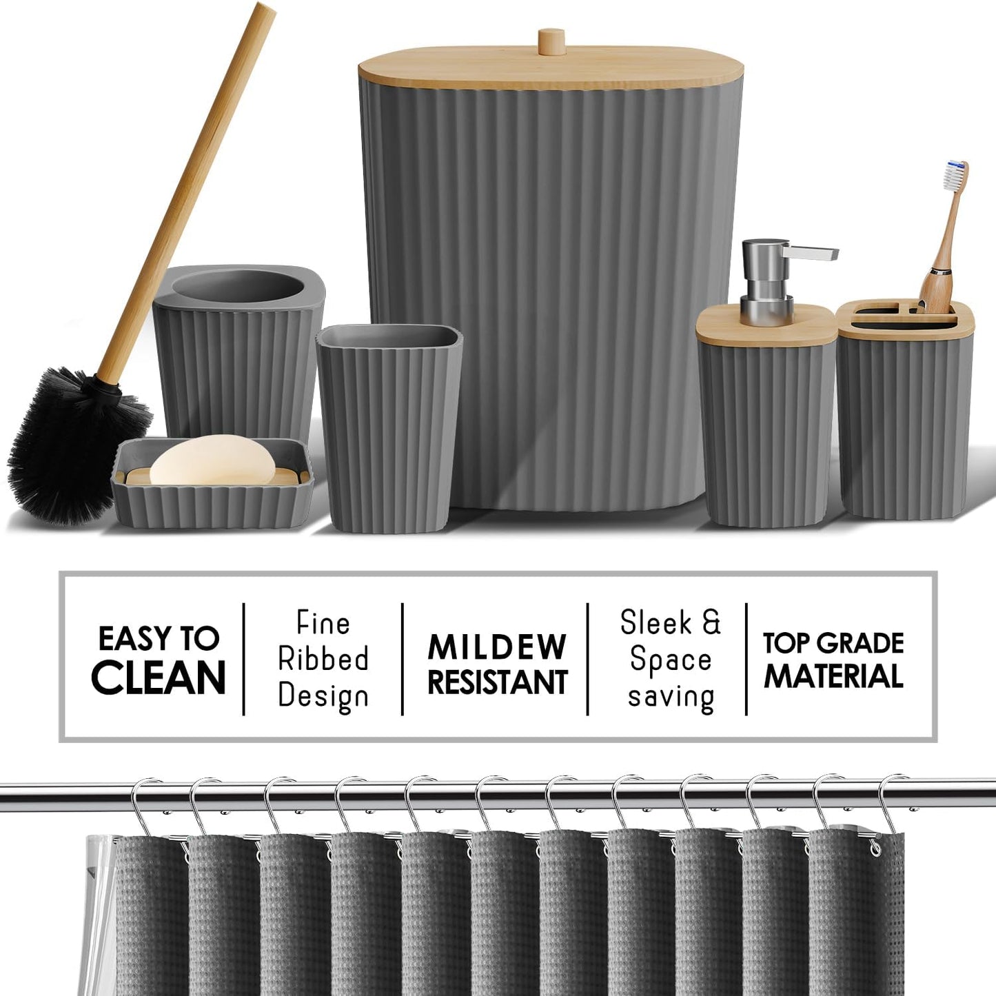 Clara Clark Bathroom Accessories Set - Grey Bathroom Set, Bathroom Sets with Shower Curtain and Rugs, 22PC Shower Curtain Set with Bathroom Trash Can