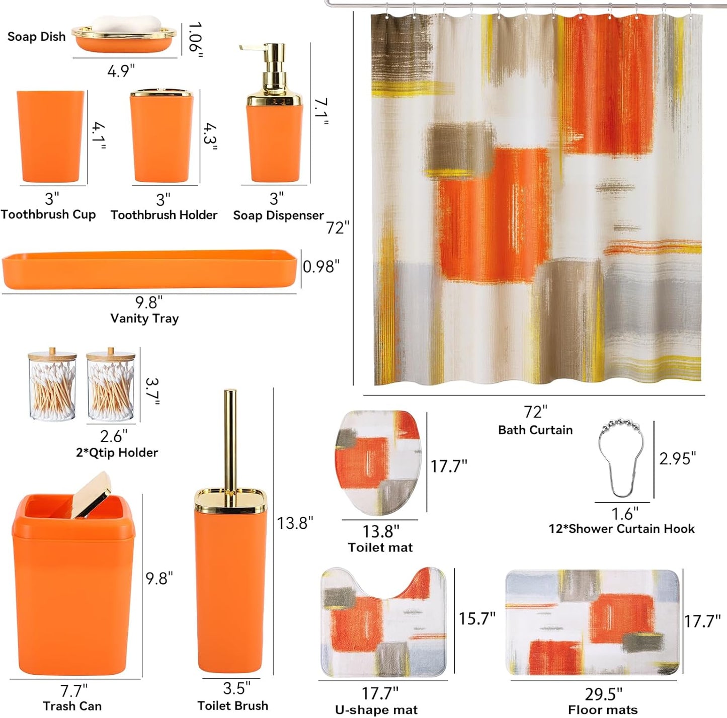Bathroom Set - Orange Bathroom Accessories Set, Bathroom Sets with Shower Curtain and Rugs, Orange Shower Curtain Set with Bathroom Trash Can, Soap Dispenser, Soap Dish for Home Decor