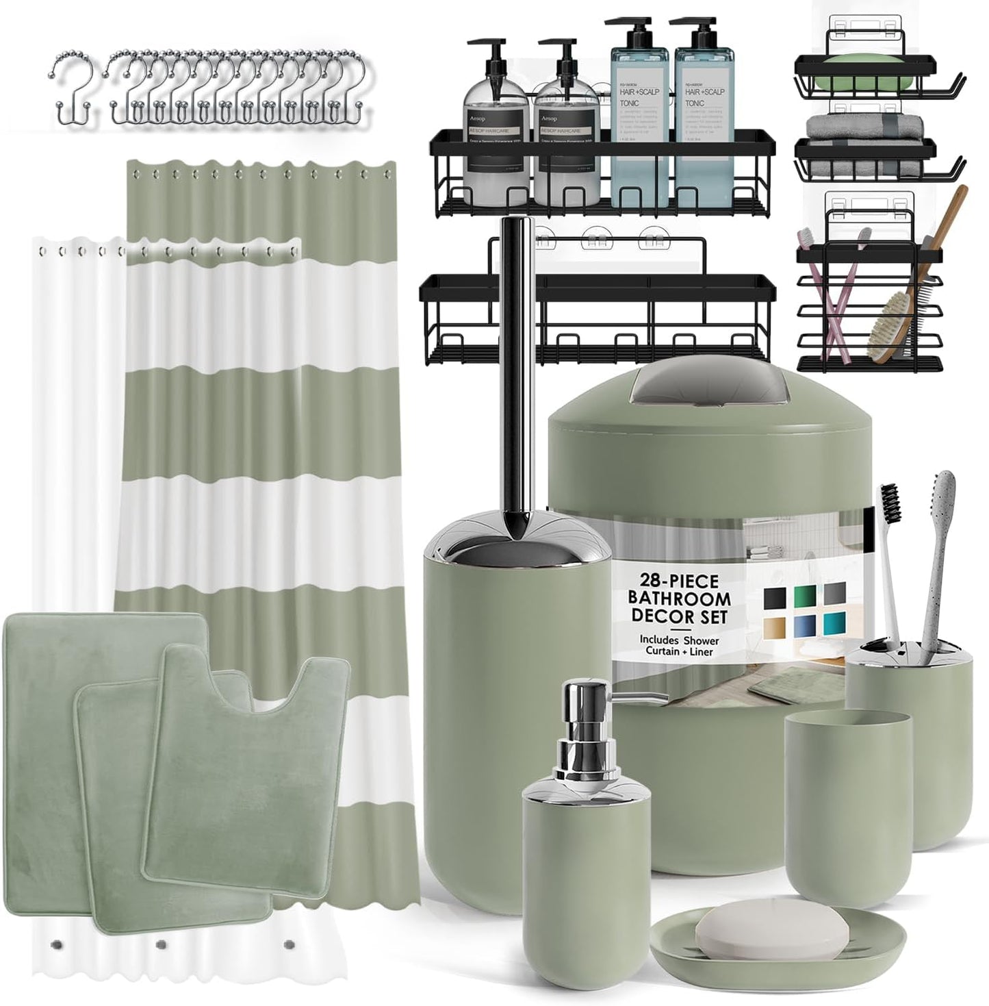 Clara Clark Bathroom Accessories Set - 28PC Bathroom Set with Adhesive Corner Shower Caddy Hanging, Bathroom Sets with Shower Curtain and Rugs, Black Shower Curtain Set with Bathroom Trash Can