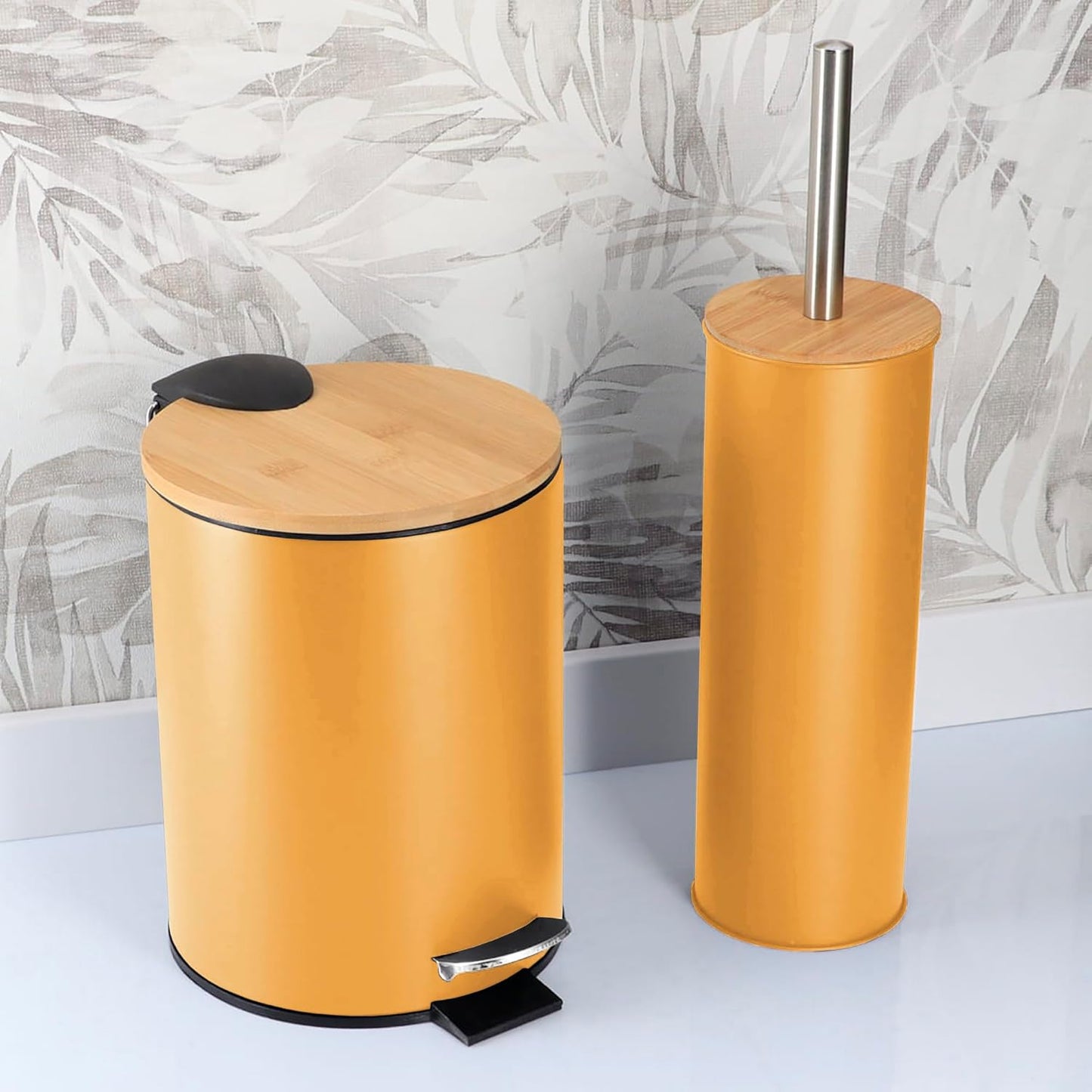 Terracotta Bathroom Set with Bamboo Lid - Matte Metal Trash Can and Toilet Brush, 2.5L Bin with Foot Pedal, Quick-Dry Brush Holder - Compact Set for Small Spaces