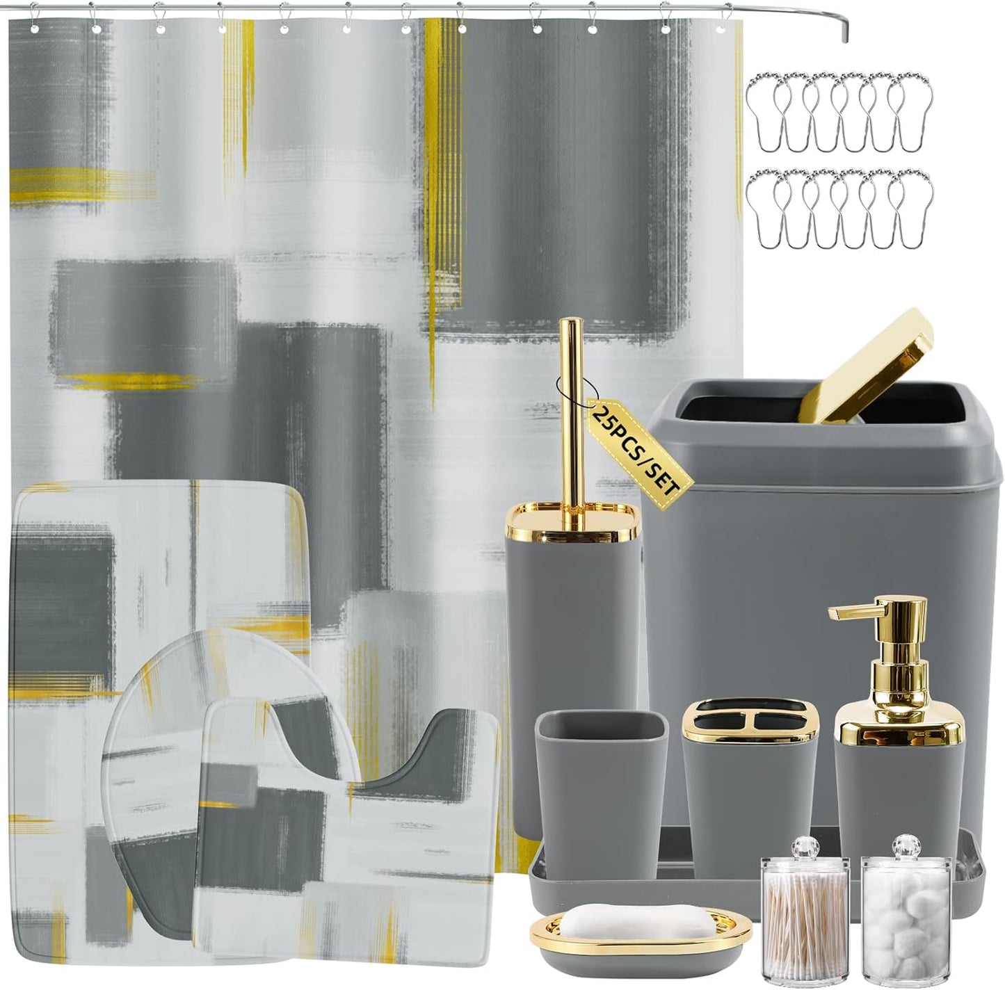 Bathroom Set - Orange Bathroom Accessories Set, Bathroom Sets with Shower Curtain and Rugs, Orange Shower Curtain Set with Bathroom Trash Can, Soap Dispenser, Soap Dish for Home Decor