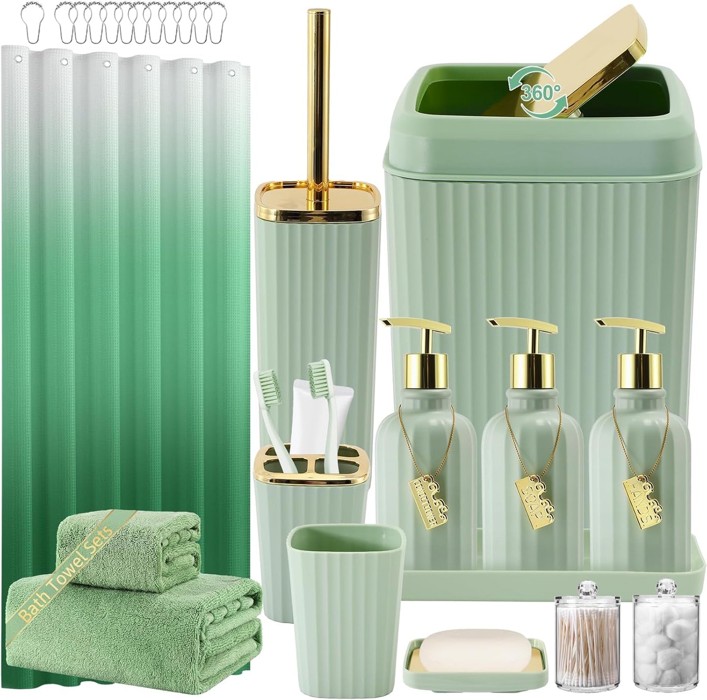 32PCS Bathroom Accessory Set Bathroom Accessories Set Navy Blue Bathroom Set, Shower Curtain Set, 2 Piece Bath Towel Set, 3PC Soap Dispenser, Toilet Brush & Trash Can
