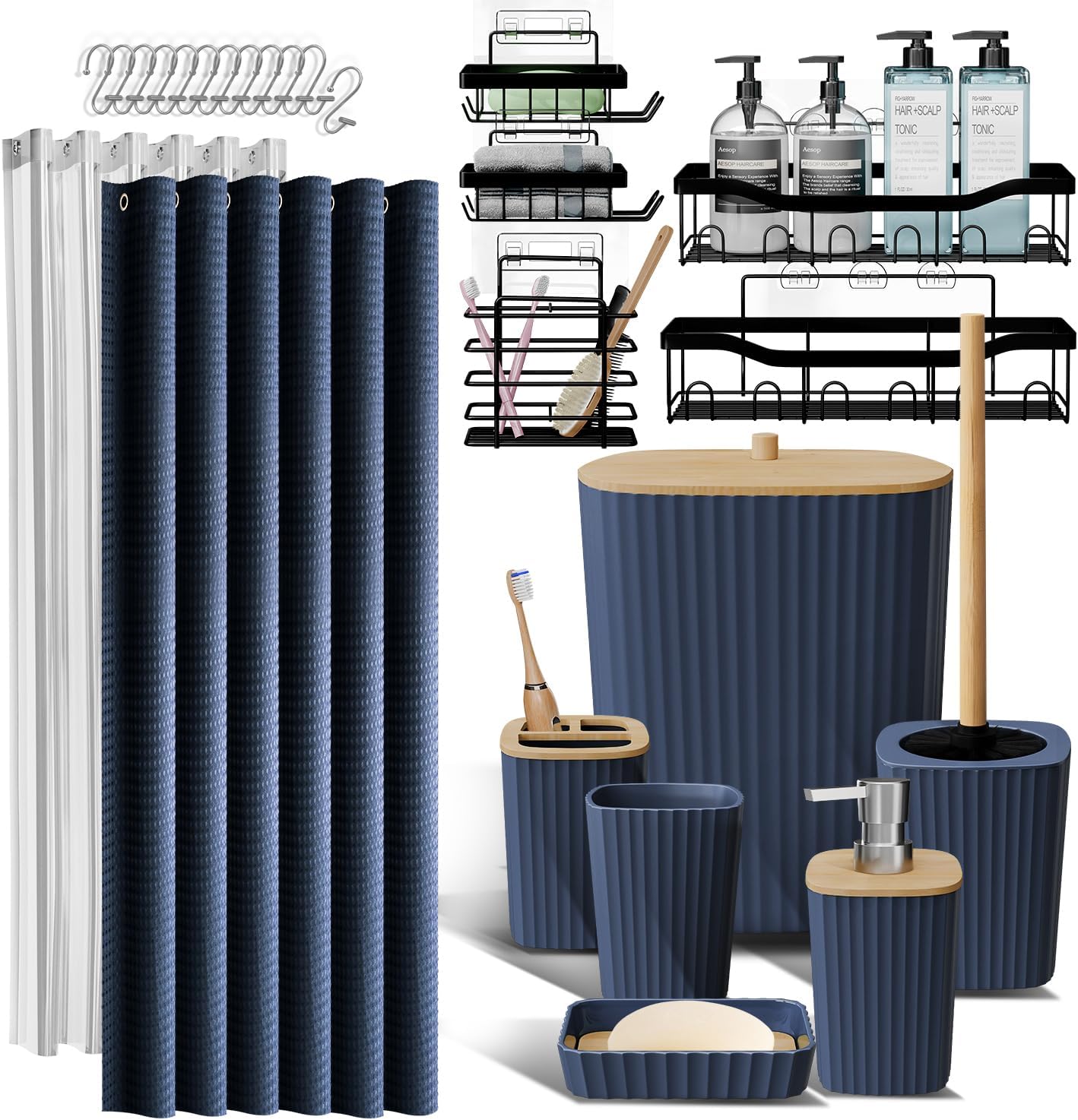 Bathroom Accessories Set with Shower Caddy and Bath Rugs 27PC Bathroom Accessory Set with Shower Caddies Green Bath Rugs, Shower Curtain Set, Toilet Brush, Trash Can, Soap Dispenser, Toothbrush holder