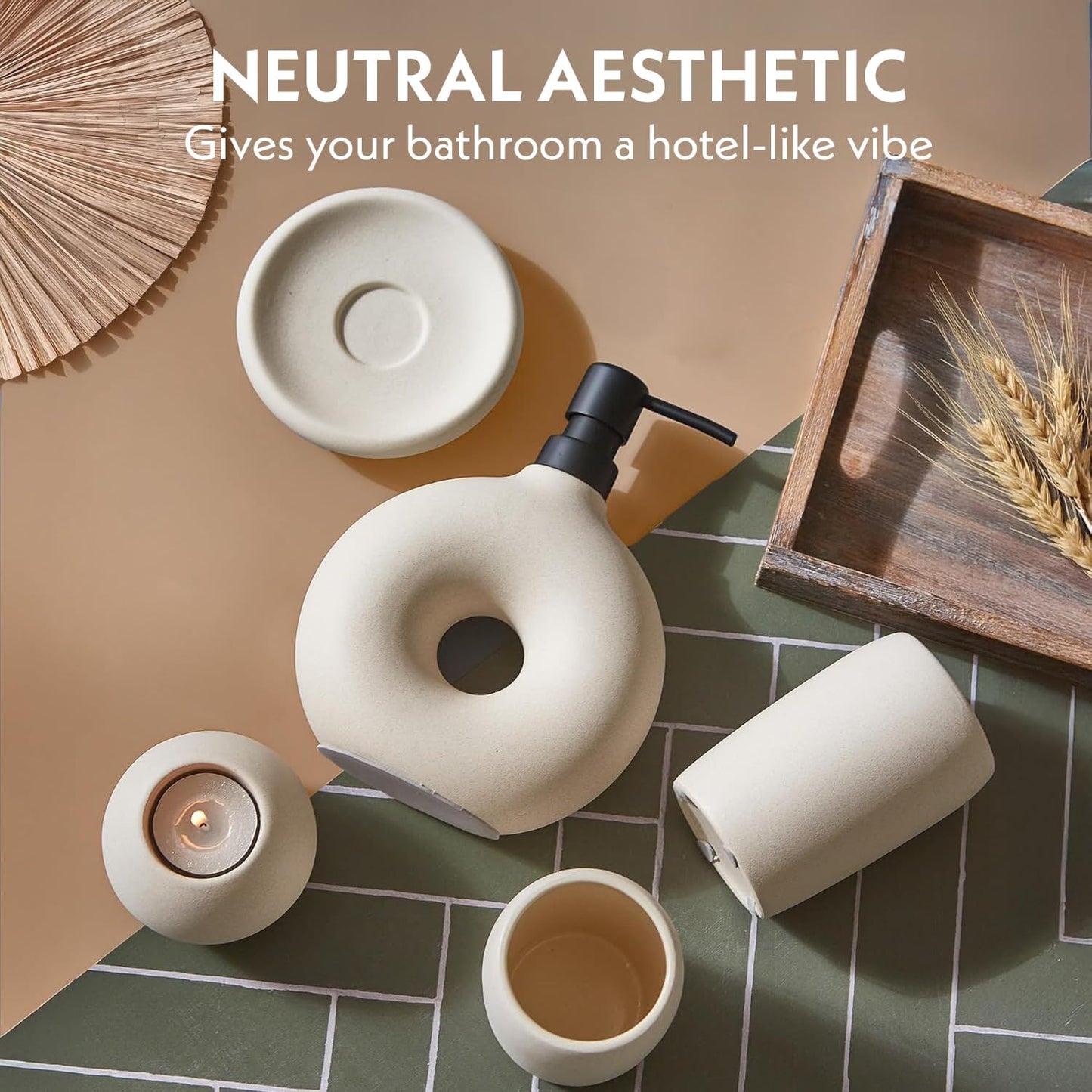 Ceramic Bathroom Accessory Set, 5 Pcs - Includes Soap Dispenser, Toothbrush Cup, Toothbrush Holder, Soap Dish & Candle Holder - Beige, Matte Glaze - Aesthetic Bathroom Decor
