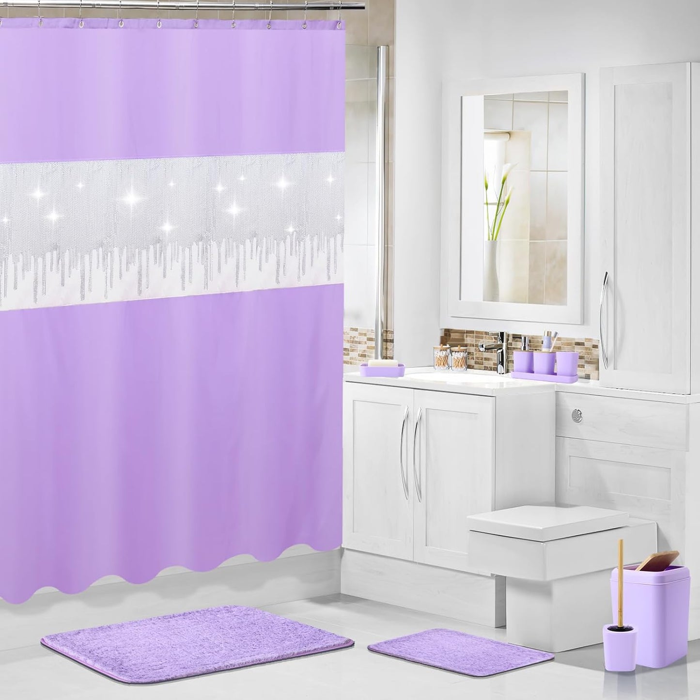 24PCS Bathroom Sets with Shower Curtain and Rugs,Bathroom Sets with Extra Soft and Absorbent Bath Rugs Purple Shower Curtain Set