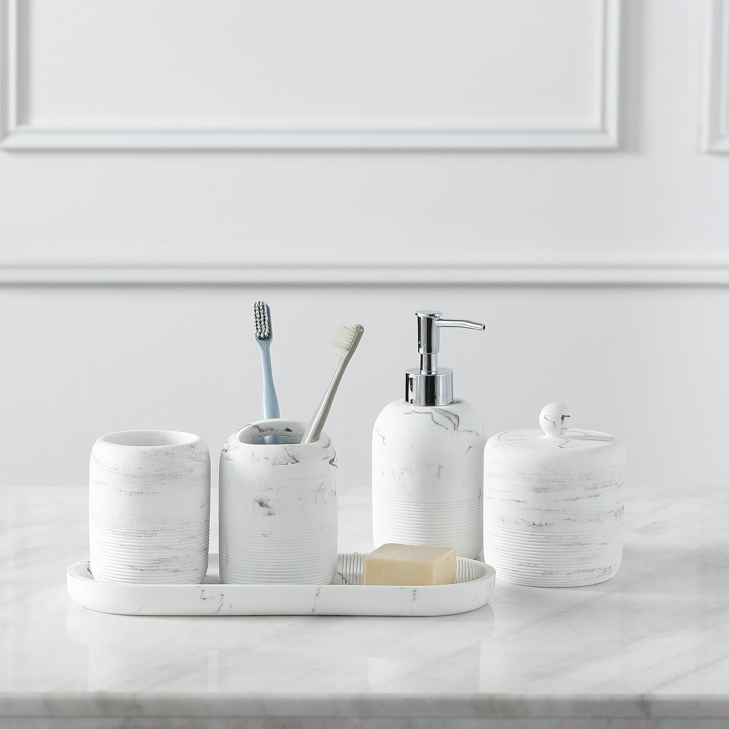Bathroom Accessories Set, 5-Piece Resin Bath Accessory Complete Set with Lotion Dispenser/Soap Pump, Cotton Jar, Tray, Tumbler and Toothbrush Holder (Marble Look)