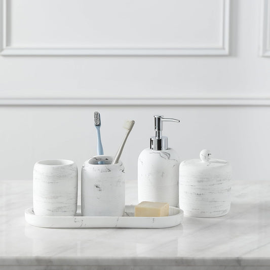 Bathroom Accessories Set, 5-Piece Resin Bath Accessory Complete Set with Lotion Dispenser/Soap Pump, Cotton Jar, Tray, Tumbler and Toothbrush Holder (Marble Look)