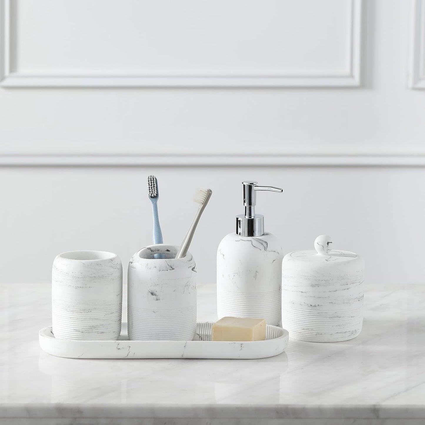 5-Pieces Bathroom Accessory Set Hight Quality Polyresin Ensemble-Lotion Dispenser/Toothbrush Holder/Cotton Jar/Tray/Tumbler Cup, Beige