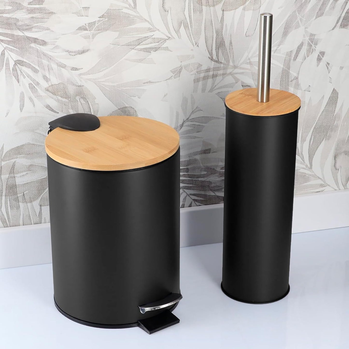 Terracotta Bathroom Set with Bamboo Lid - Matte Metal Trash Can and Toilet Brush, 2.5L Bin with Foot Pedal, Quick-Dry Brush Holder - Compact Set for Small Spaces