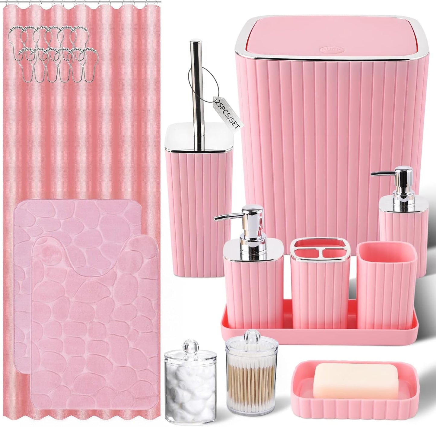 Bathroom Set with Shower Curtain and Rugs- 25PC Bathroom Accessory Set, Black Shower Curtain Set, Toilet Brush, Trash Can, Qtip Holder Dispenser & Soap Dispenser
