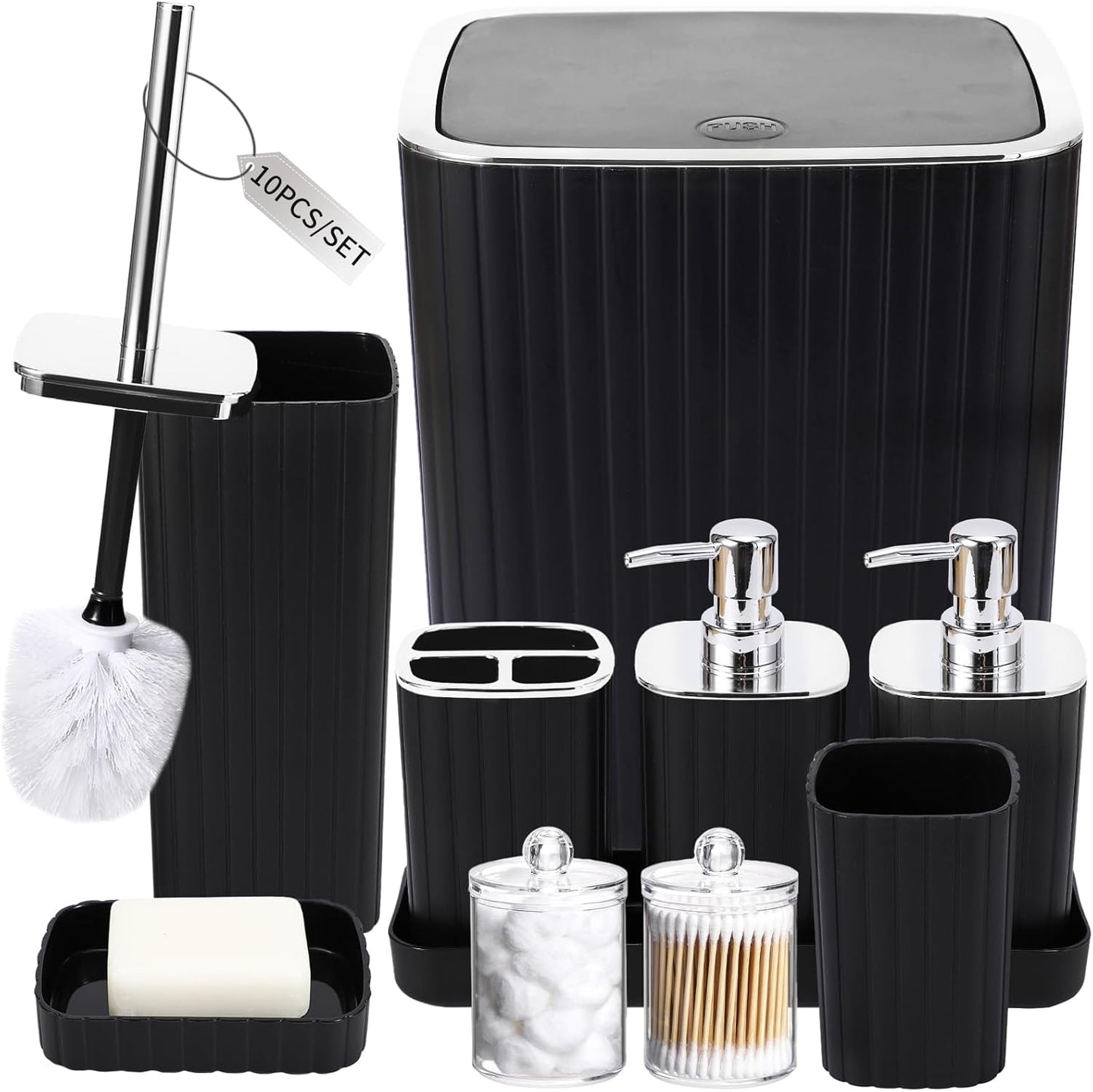Bathroom Set with Shower Curtain and Rugs- 25PC Bathroom Accessory Set, Black Shower Curtain Set, Toilet Brush, Trash Can, Qtip Holder Dispenser & Soap Dispenser