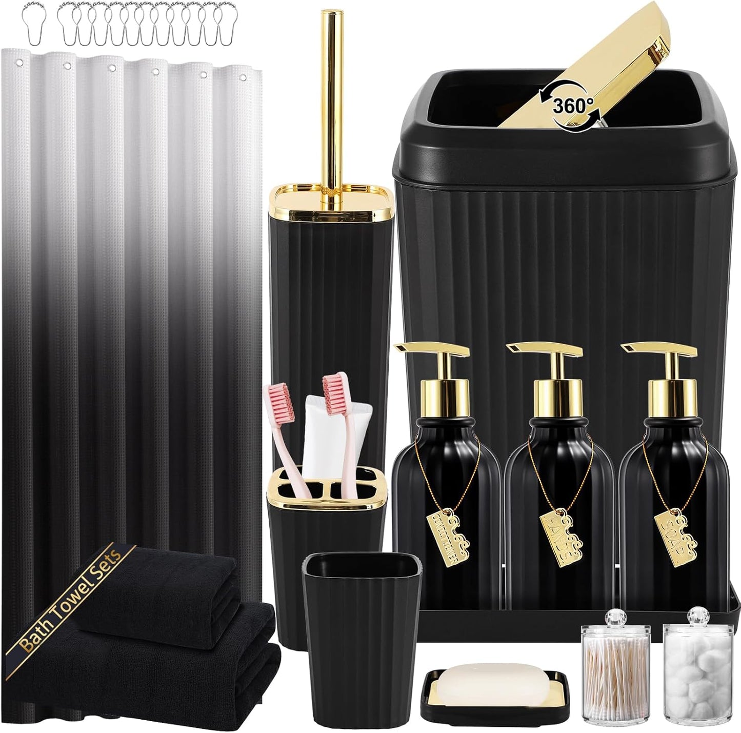 32PCS Bathroom Accessory Set Bathroom Accessories Set Navy Blue Bathroom Set, Shower Curtain Set, 2 Piece Bath Towel Set, 3PC Soap Dispenser, Toilet Brush & Trash Can