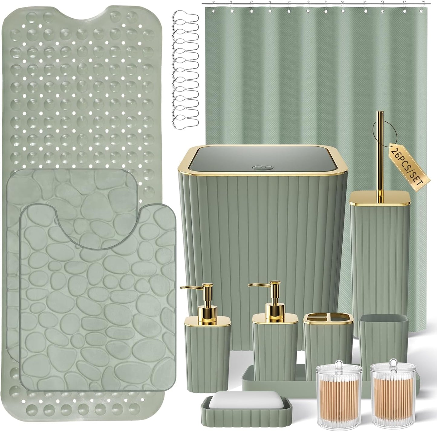 Bathroom Set with Shower Curtain and Rugs- 25PC Bathroom Accessory Set, Black Shower Curtain Set, Toilet Brush, Trash Can, Qtip Holder Dispenser & Soap Dispenser