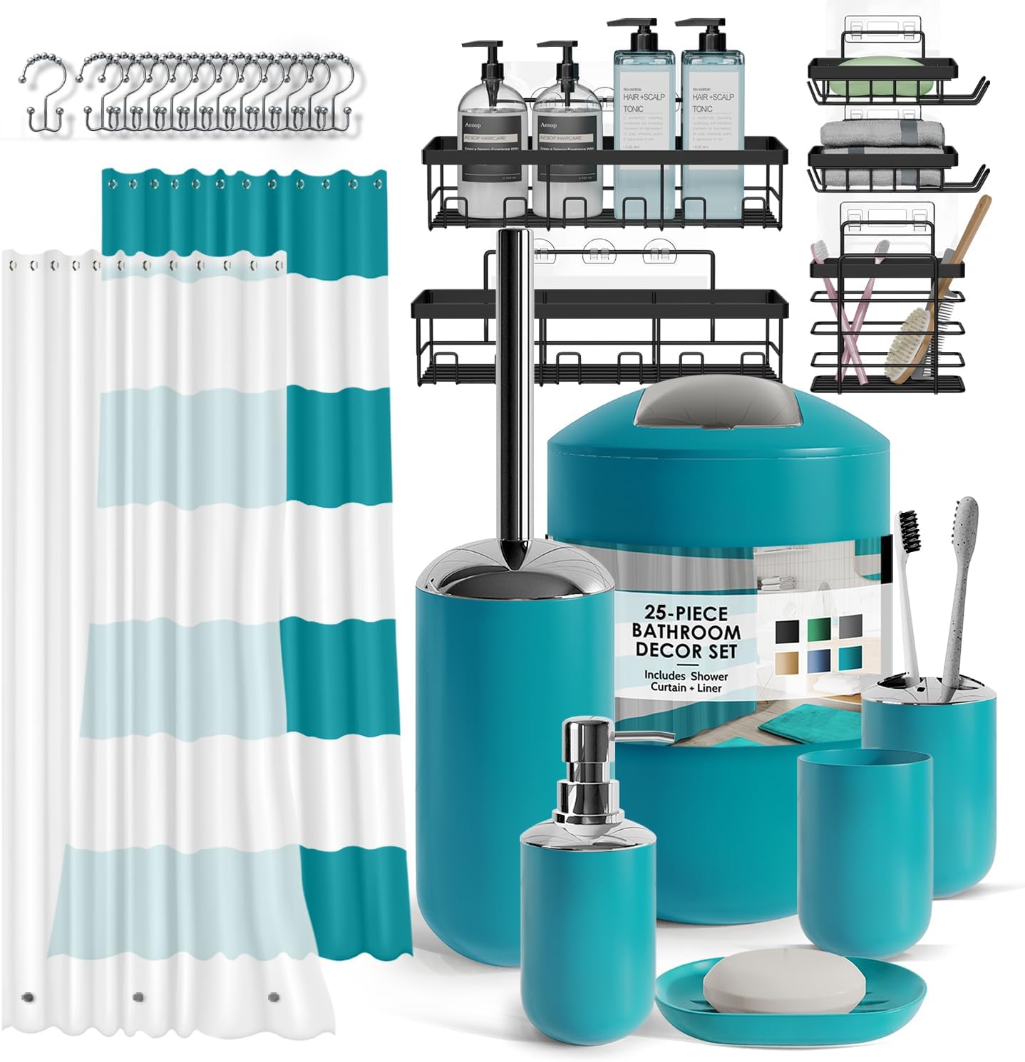 Clara Clark Bathroom Accessories Set - 28PC Bathroom Set with Adhesive Corner Shower Caddy Hanging, Bathroom Sets with Shower Curtain and Rugs, Black Shower Curtain Set with Bathroom Trash Can