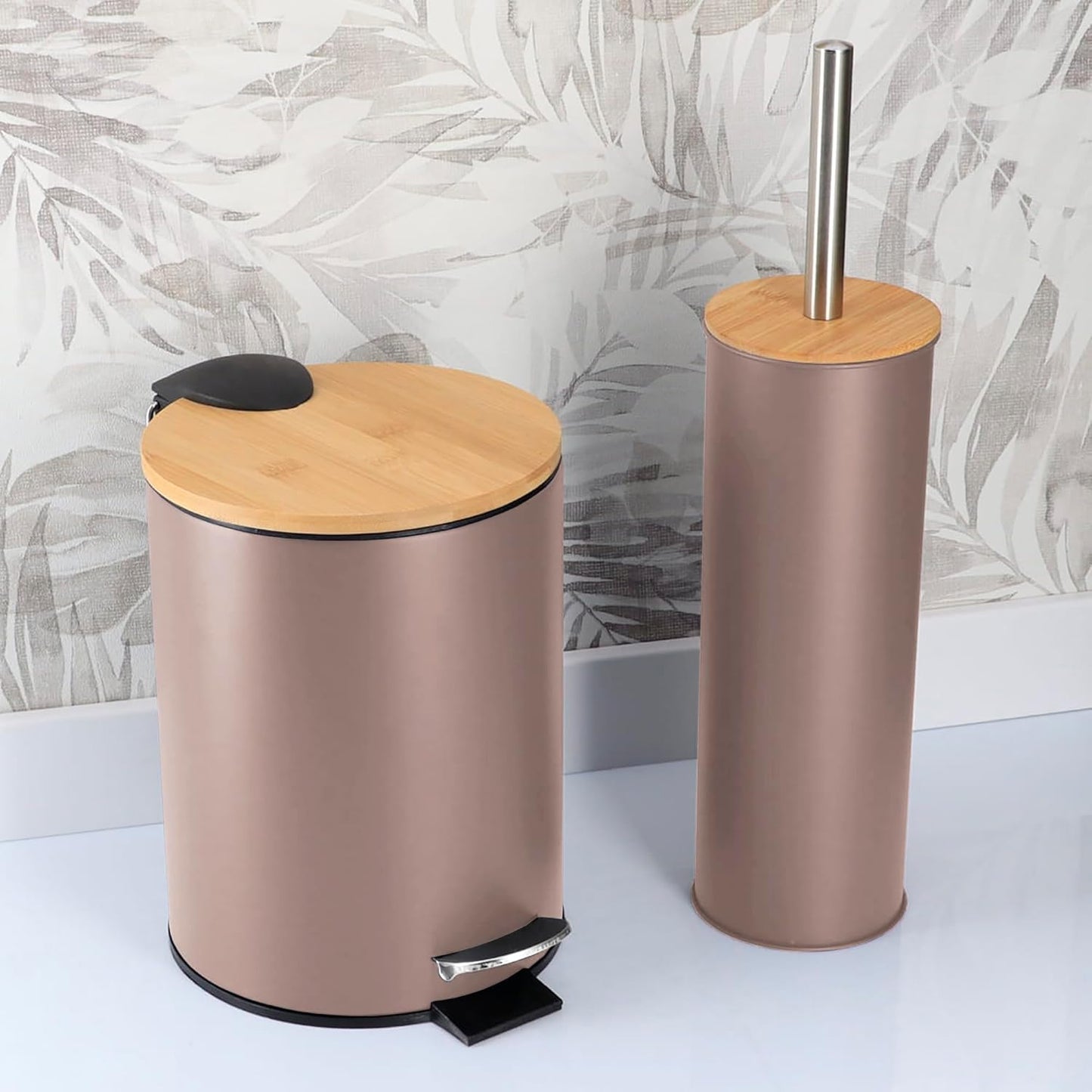 Terracotta Bathroom Set with Bamboo Lid - Matte Metal Trash Can and Toilet Brush, 2.5L Bin with Foot Pedal, Quick-Dry Brush Holder - Compact Set for Small Spaces