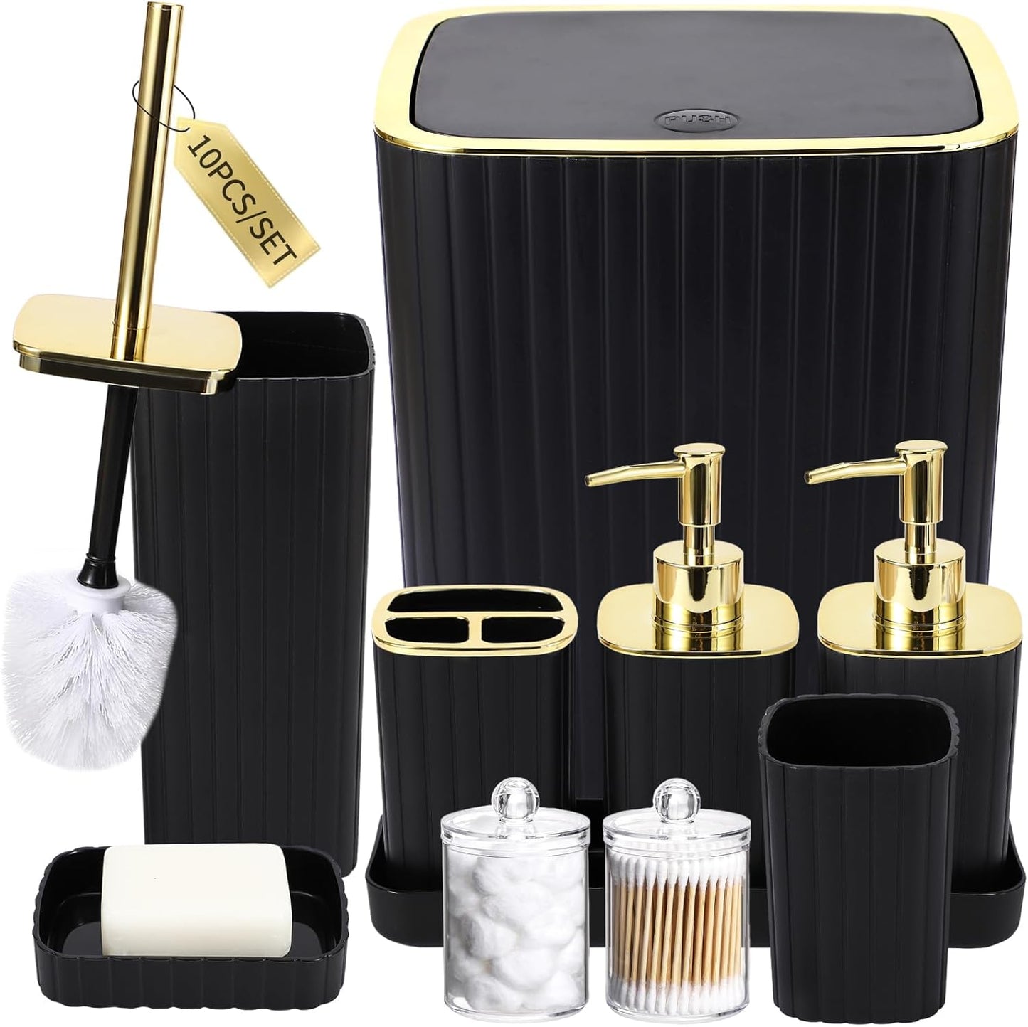 Bathroom Set with Shower Curtain and Rugs- 25PC Bathroom Accessory Set, Black Shower Curtain Set, Toilet Brush, Trash Can, Qtip Holder Dispenser & Soap Dispenser