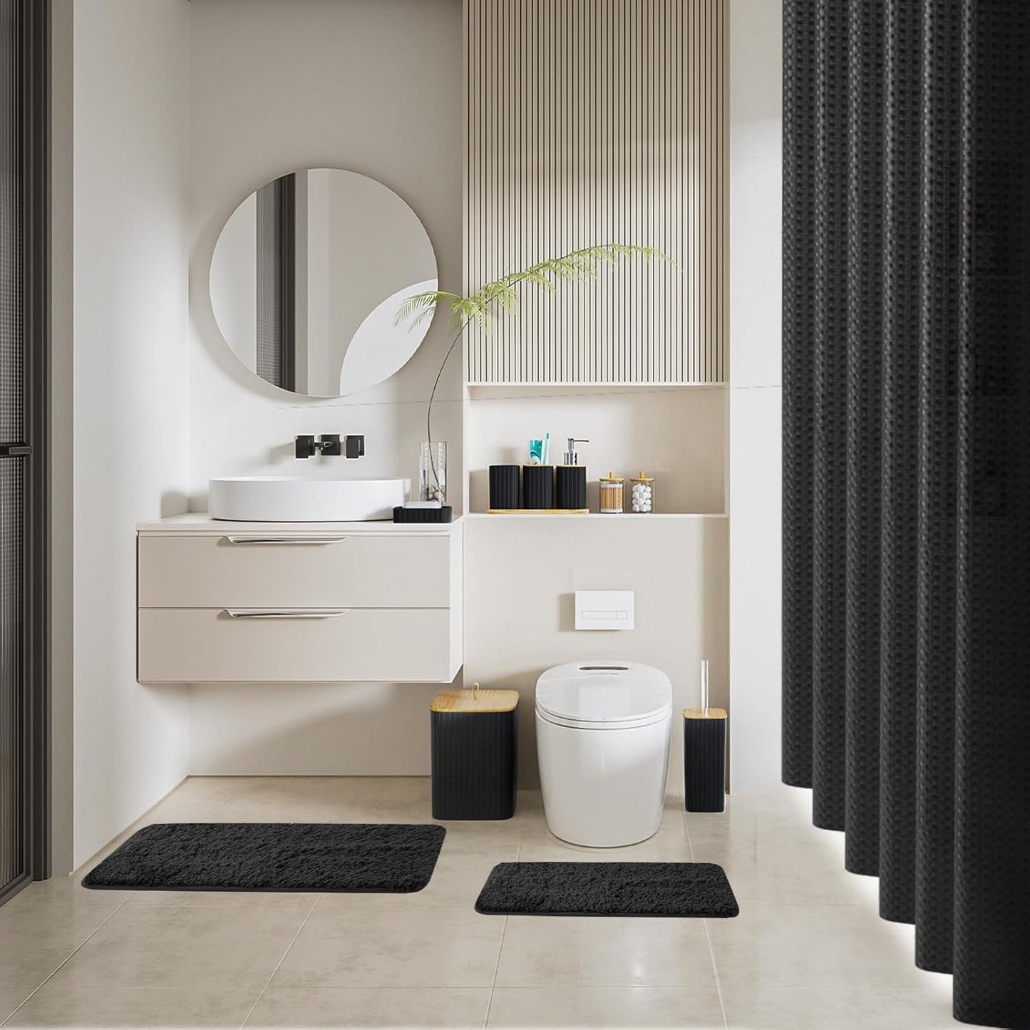 Bathroom Accessories Set - 22PCS Black Bathroom Set with Shower Curtain, Trash Can, Toilet Brush Holder Set & Soap Dispenser – Stylish & Functional Bath Decor for Home, Apartment