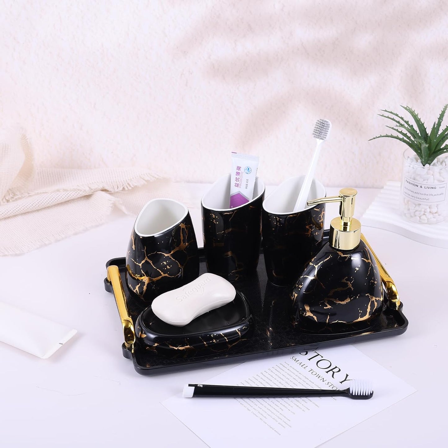 Black Bathroom Accessories Set,Gold Marble Look Bathroom Decor,Modern 6 Piece Bathroom Accessory Set,Complete with Soap Dispenser,Toothbrush Holder,Tumbler,Tray Countertop