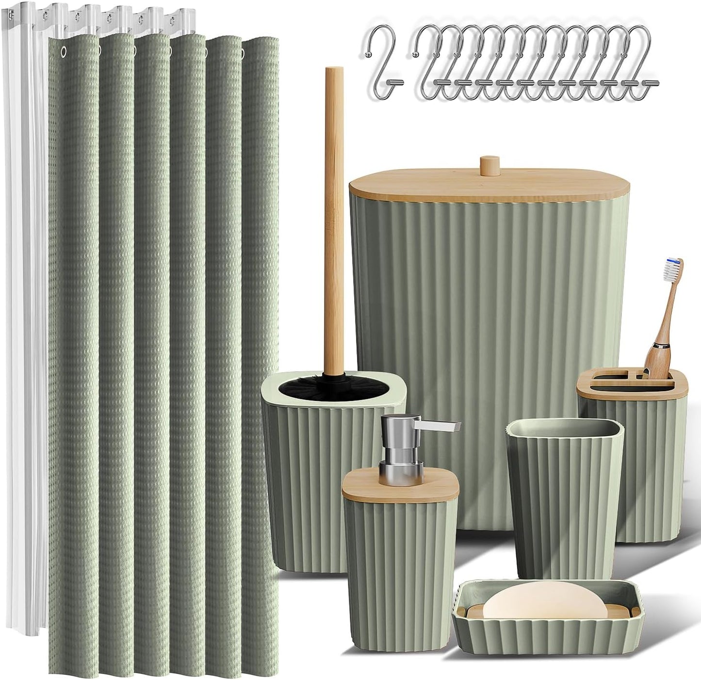 Clara Clark Bathroom Accessories Set - Grey Bathroom Set, Bathroom Sets with Shower Curtain and Rugs, 22PC Shower Curtain Set with Bathroom Trash Can