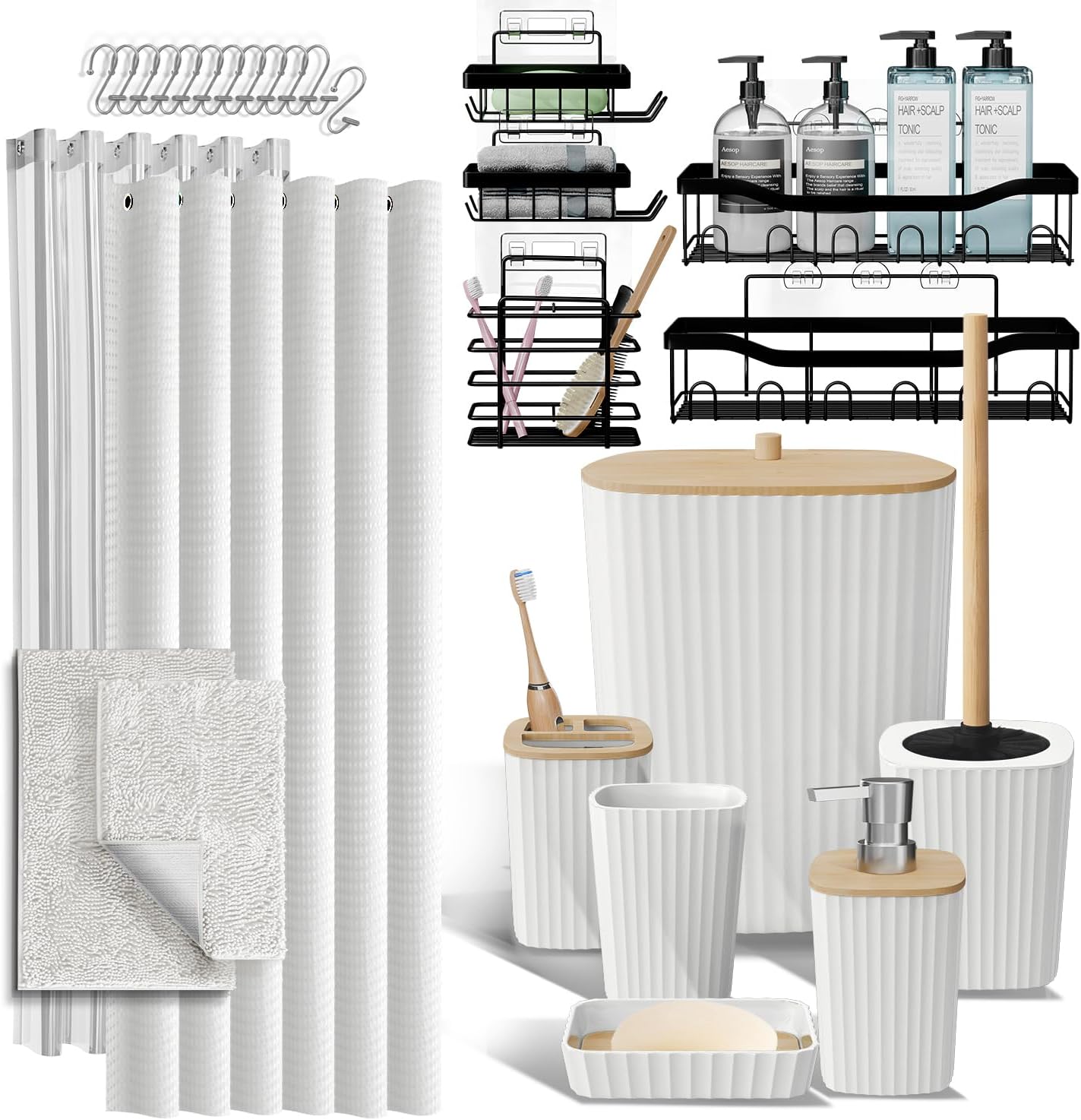 Bathroom Accessories Set with Shower Caddy and Bath Rugs 27PC Bathroom Accessory Set with Shower Caddies Green Bath Rugs, Shower Curtain Set, Toilet Brush, Trash Can, Soap Dispenser, Toothbrush holder