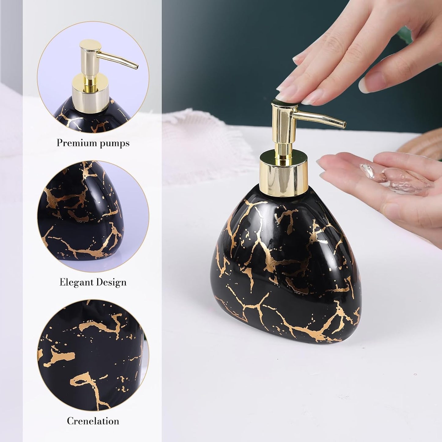Black Bathroom Accessories Set,Gold Marble Look Bathroom Decor,Modern 6 Piece Bathroom Accessory Set,Complete with Soap Dispenser,Toothbrush Holder,Tumbler,Tray Countertop