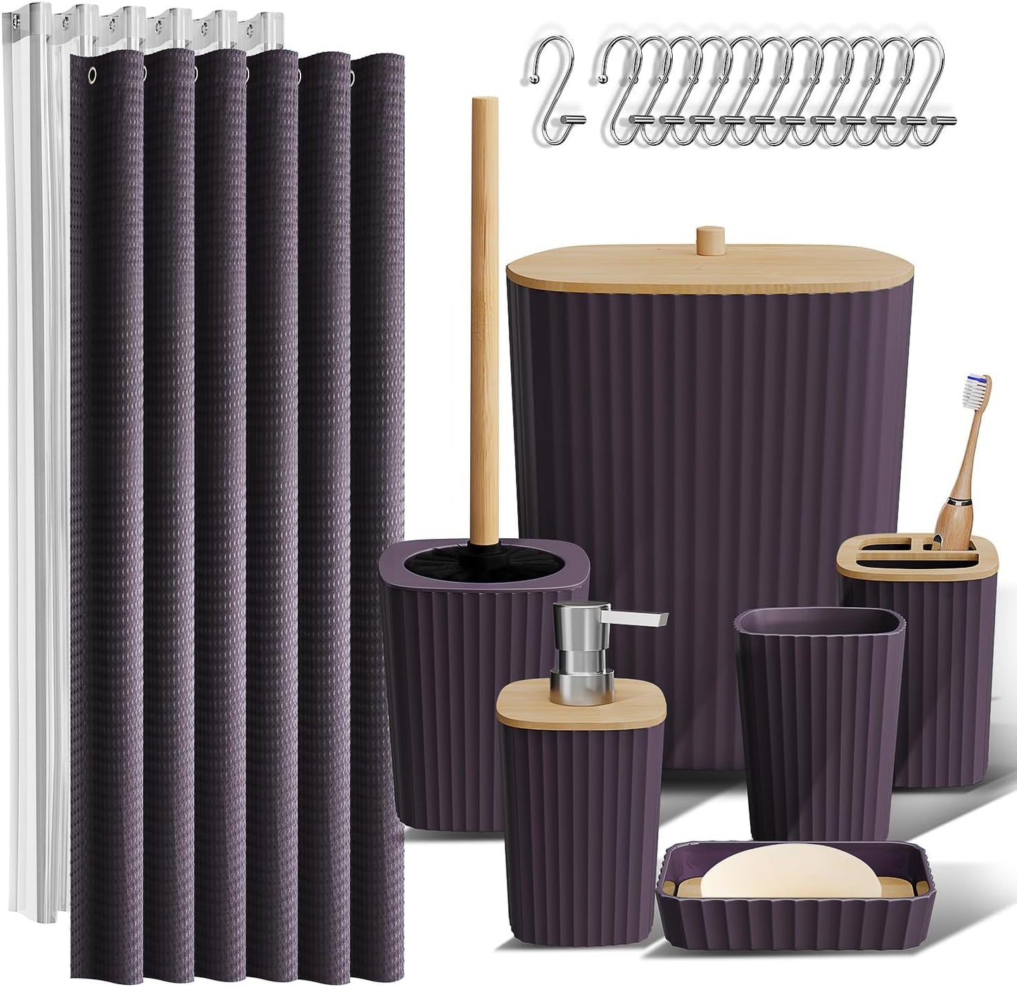 Clara Clark Bathroom Accessories Set - Grey Bathroom Set, Bathroom Sets with Shower Curtain and Rugs, 22PC Shower Curtain Set with Bathroom Trash Can