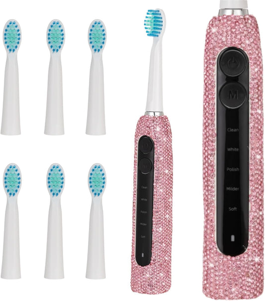 Diamond Sonic Electric Toothbrush Bling Rechargeable Toothbrushes for Adults with 6 Brush Heads Vibrating Toothbrush-5 Modes, USB-C Fast Charge,2Min Smart Timer,IPX7 Waterproof(Pink)