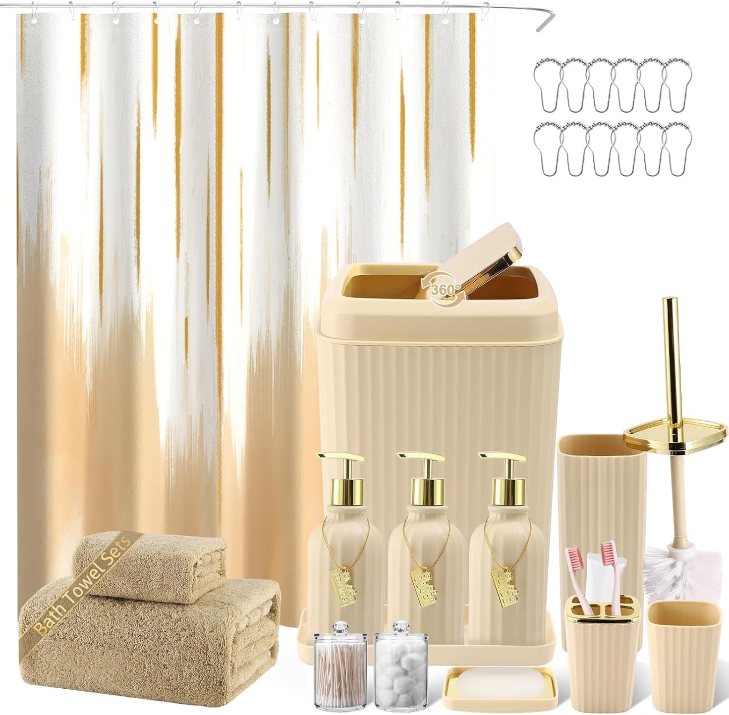 32PCS Bathroom Accessory Set Bathroom Accessories Set Navy Blue Bathroom Set, Shower Curtain Set, 2 Piece Bath Towel Set, 3PC Soap Dispenser, Toilet Brush & Trash Can