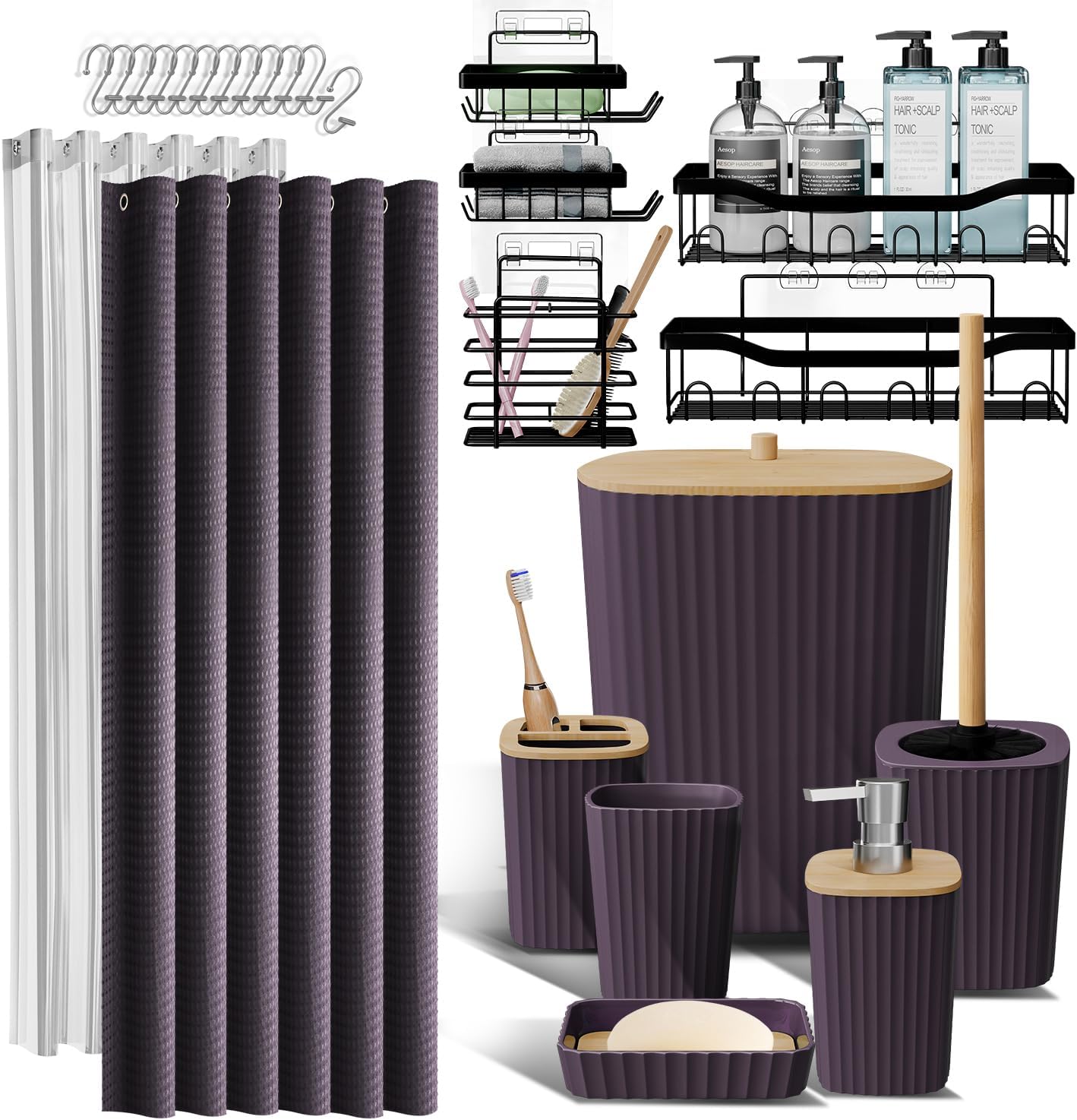 Bathroom Accessories Set with Shower Caddy and Bath Rugs 27PC Bathroom Accessory Set with Shower Caddies Green Bath Rugs, Shower Curtain Set, Toilet Brush, Trash Can, Soap Dispenser, Toothbrush holder