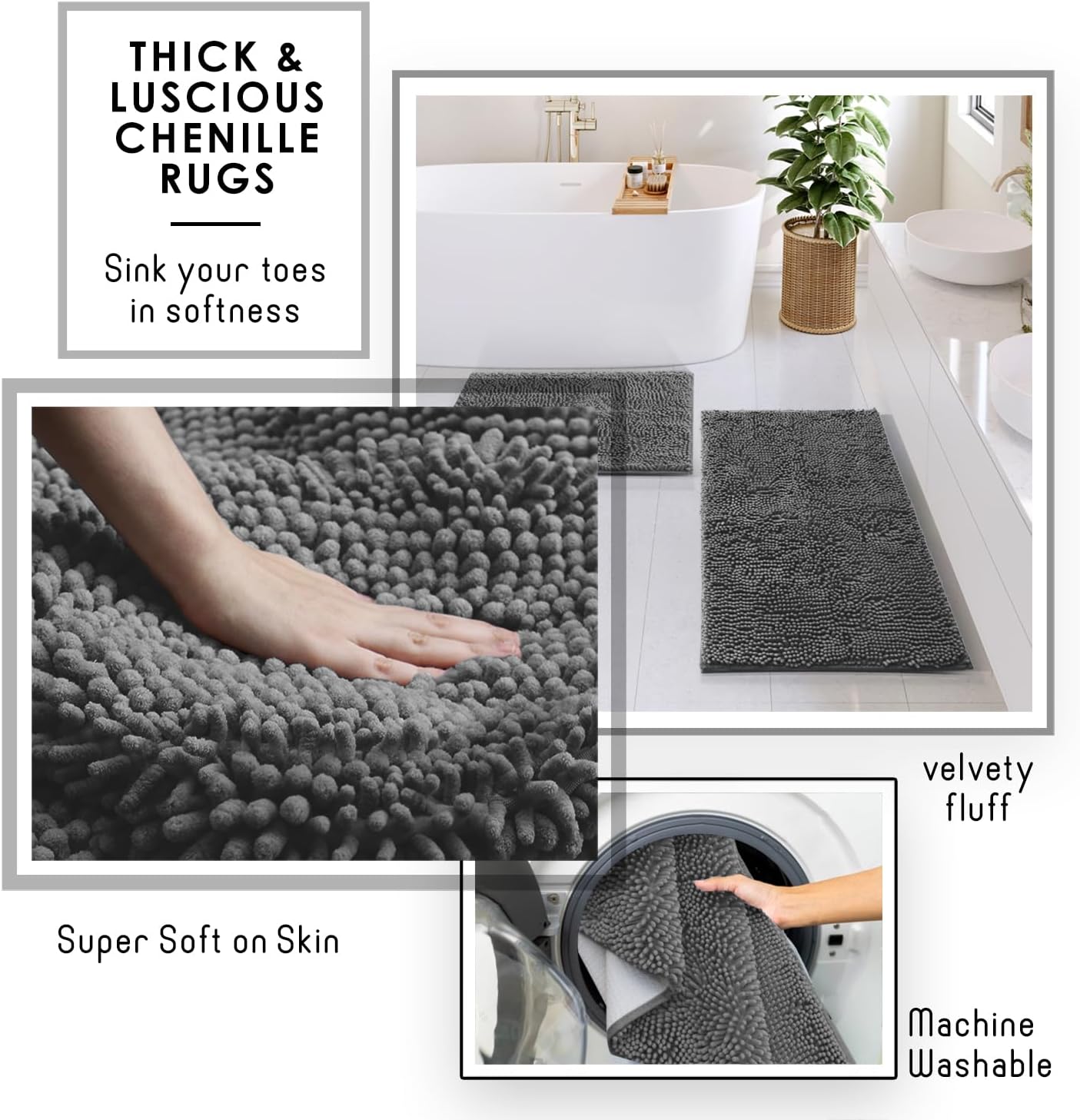 Clara Clark Bathroom Accessories Set - Grey Bathroom Set, Bathroom Sets with Shower Curtain and Rugs, 22PC Shower Curtain Set with Bathroom Trash Can