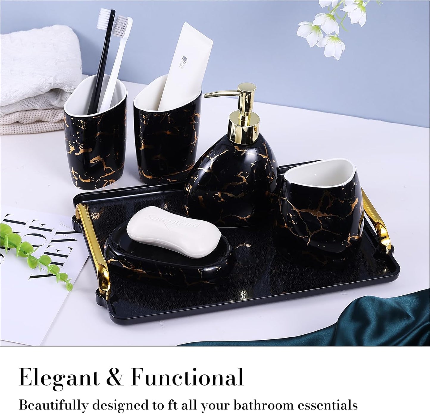 Black Bathroom Accessories Set,Gold Marble Look Bathroom Decor,Modern 6 Piece Bathroom Accessory Set,Complete with Soap Dispenser,Toothbrush Holder,Tumbler,Tray Countertop