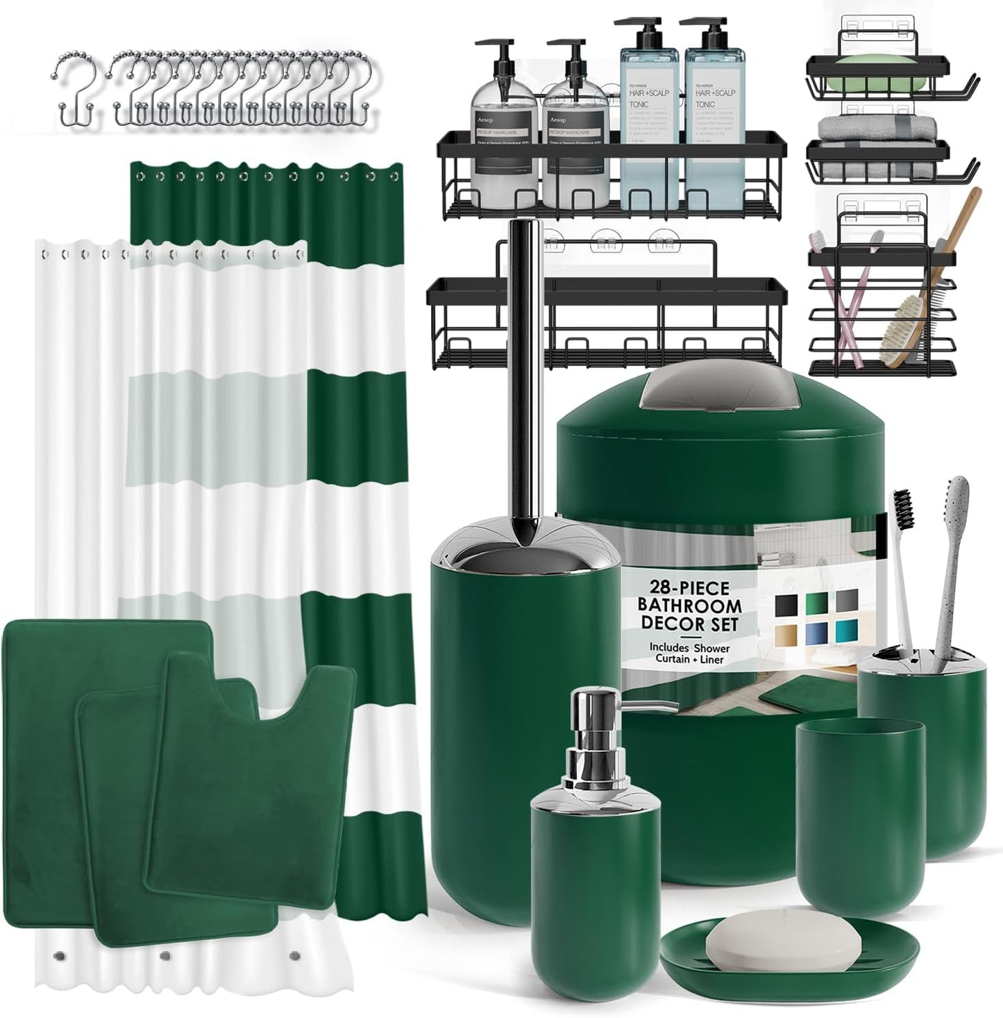 Clara Clark Bathroom Accessories Set - 28PC Bathroom Set with Adhesive Corner Shower Caddy Hanging, Bathroom Sets with Shower Curtain and Rugs, Black Shower Curtain Set with Bathroom Trash Can