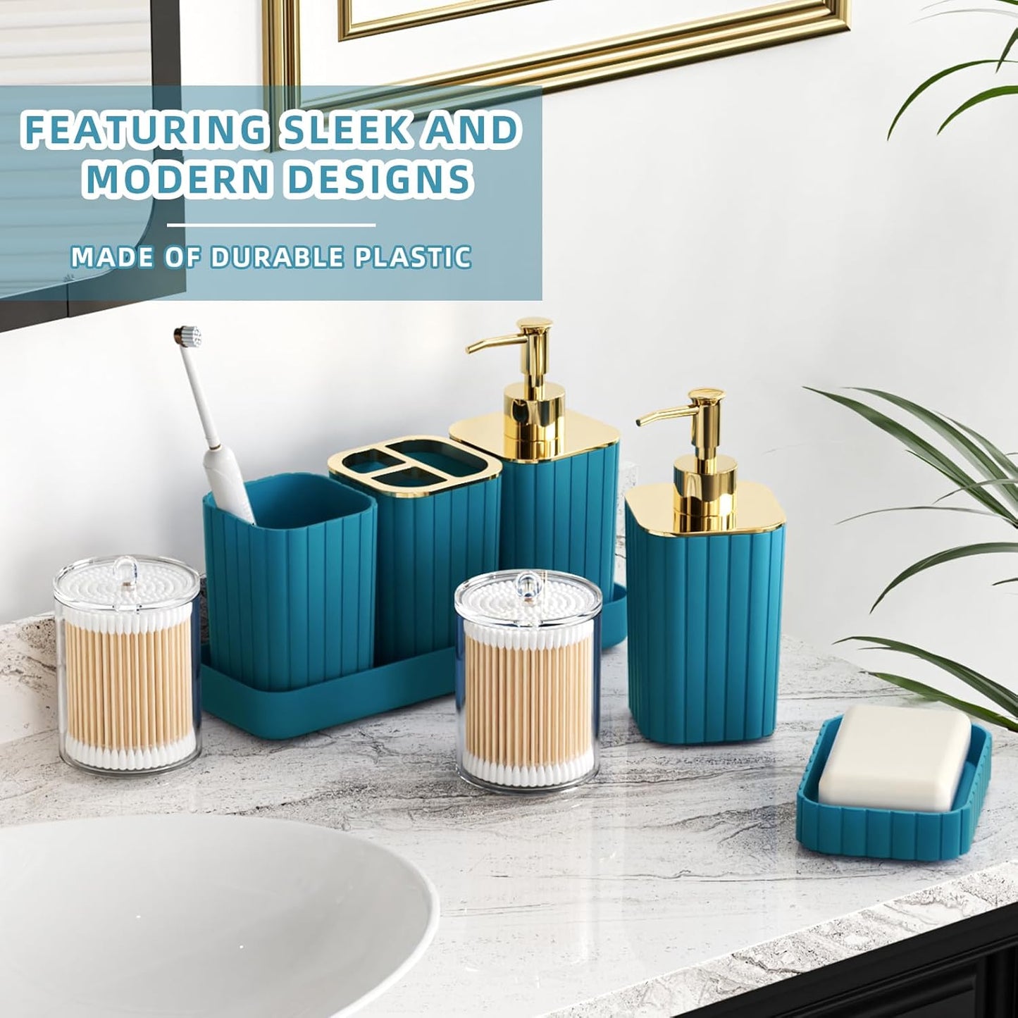 Bathroom Accessory Set - 25PC Teal Bathroom Set, Bathroom Set with Shower Curtain and Rugs, Bathroom Accessories Set, Shower Curtain Set, Trash Can & Soap Dispenser
