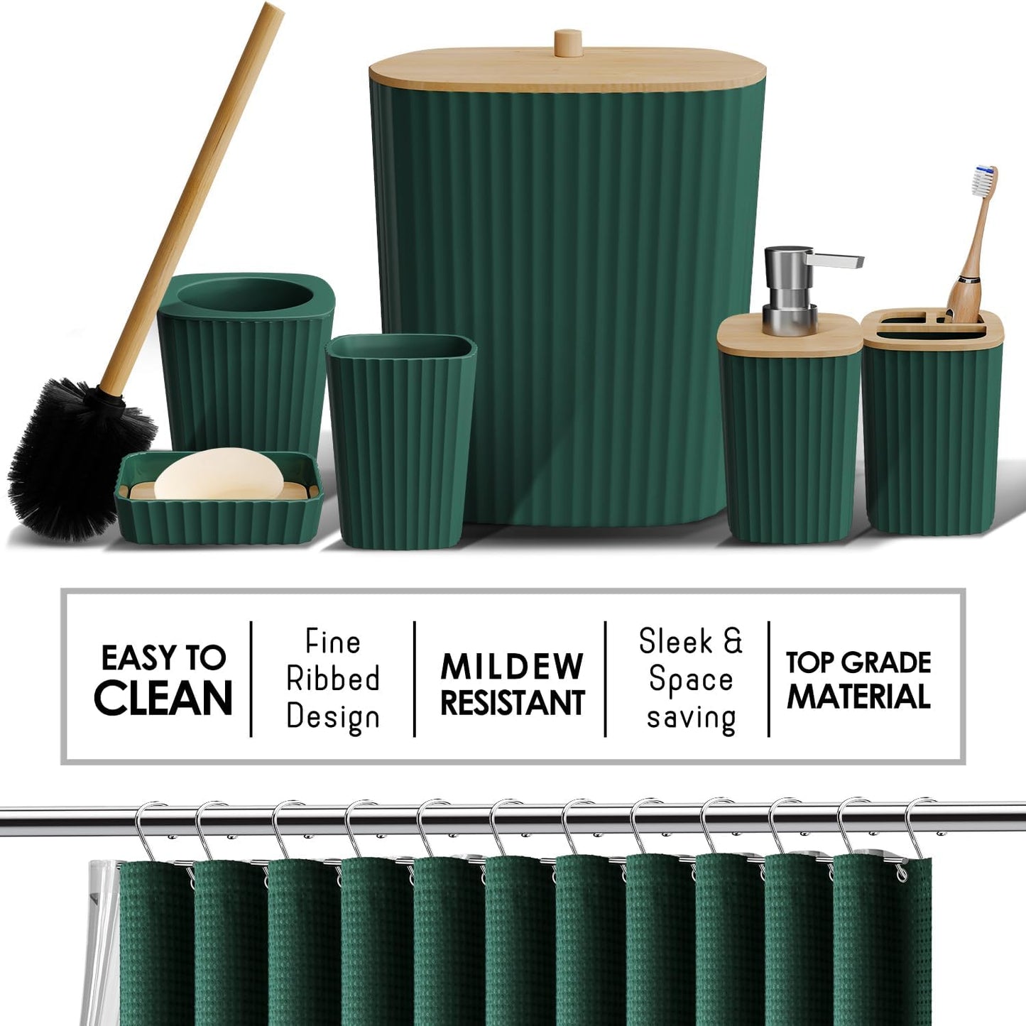 Bathroom Accessories Set with Shower Caddy and Bath Rugs 27PC Bathroom Accessory Set with Shower Caddies Green Bath Rugs, Shower Curtain Set, Toilet Brush, Trash Can, Soap Dispenser, Toothbrush holder