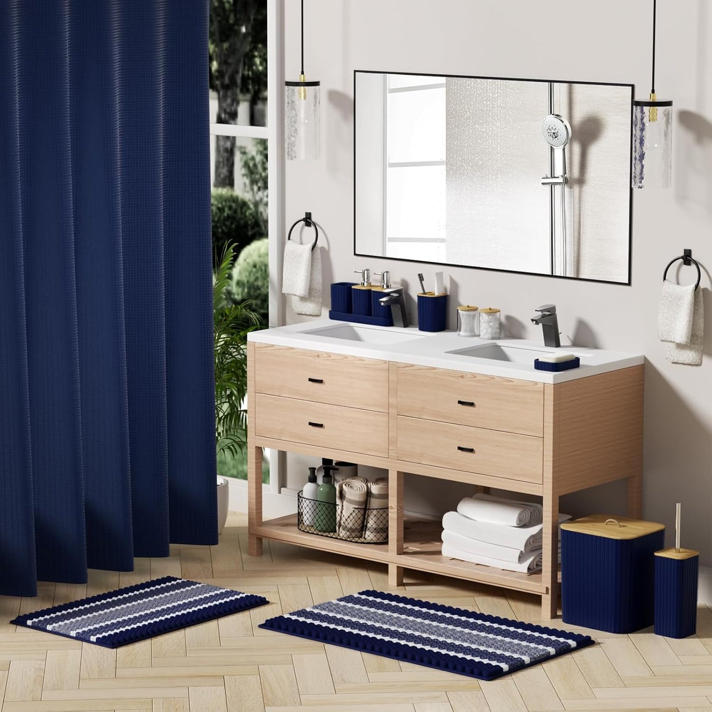 Bathroom Accessory Set - 25PC Bathroom Sets with Shower Curtain and Rugs, Navy Blue Bathroom Set, Bathroom Accessories Set, Shower Curtain Sets with Rugs, Bathroom Trash Can & Soap Dispenser