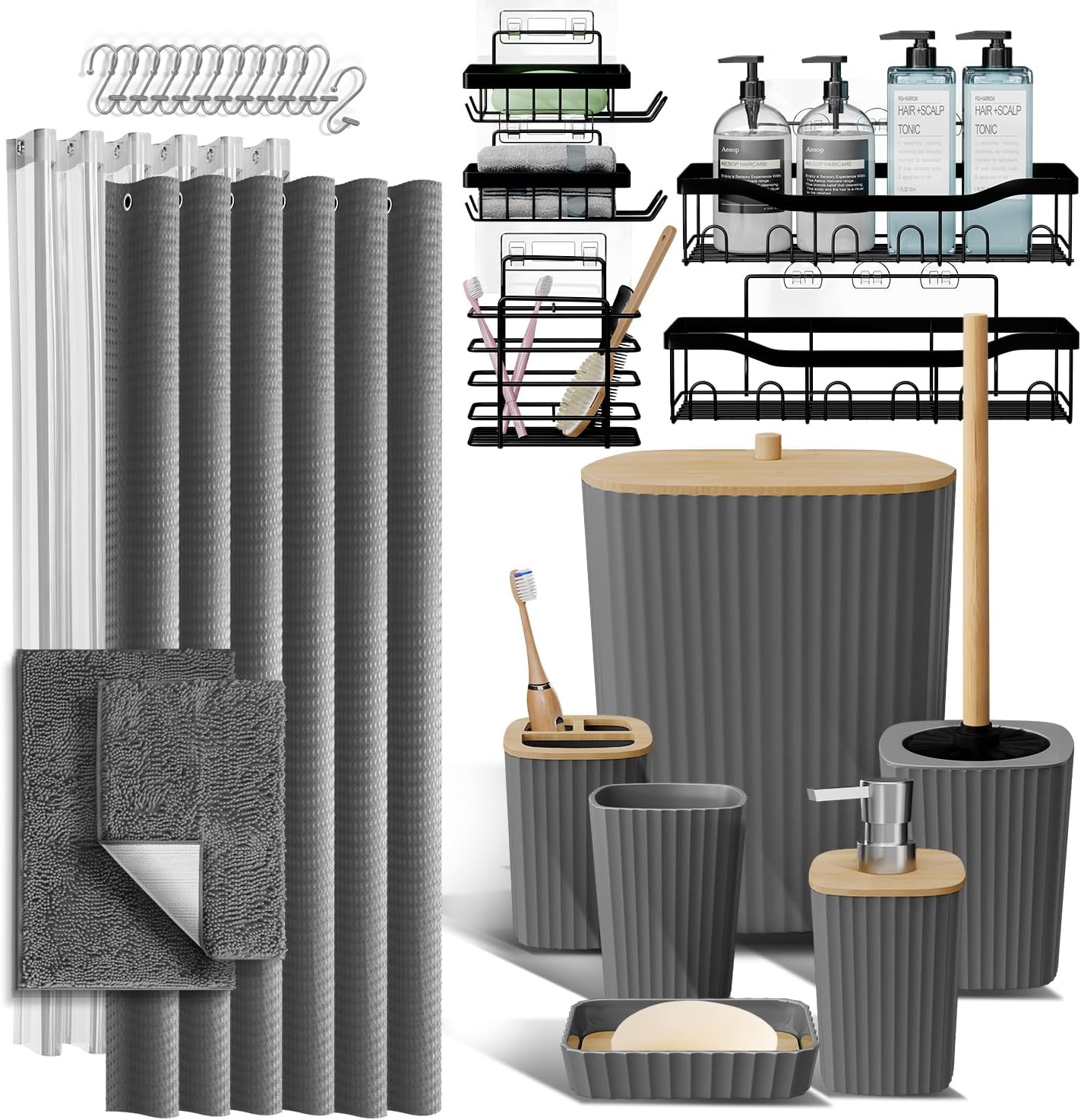 Bathroom Accessories Set with Shower Caddy and Bath Rugs 27PC Bathroom Accessory Set with Shower Caddies Green Bath Rugs, Shower Curtain Set, Toilet Brush, Trash Can, Soap Dispenser, Toothbrush holder