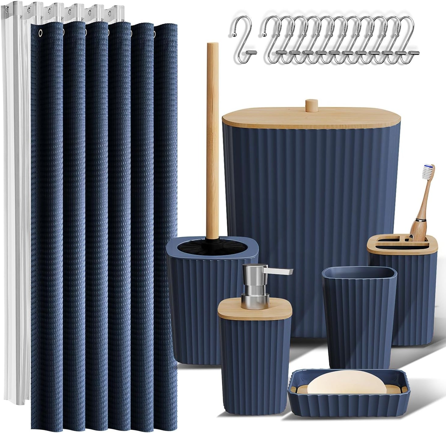 Clara Clark Bathroom Accessories Set - Grey Bathroom Set, Bathroom Sets with Shower Curtain and Rugs, 22PC Shower Curtain Set with Bathroom Trash Can