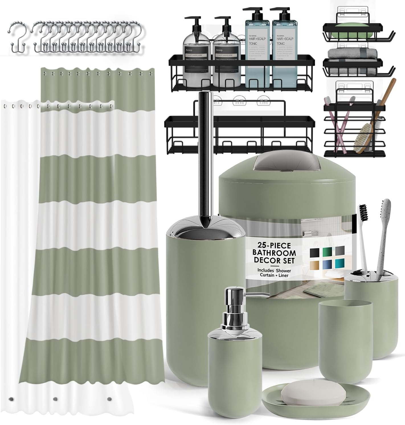 Clara Clark Bathroom Accessories Set - 28PC Bathroom Set with Adhesive Corner Shower Caddy Hanging, Bathroom Sets with Shower Curtain and Rugs, Black Shower Curtain Set with Bathroom Trash Can