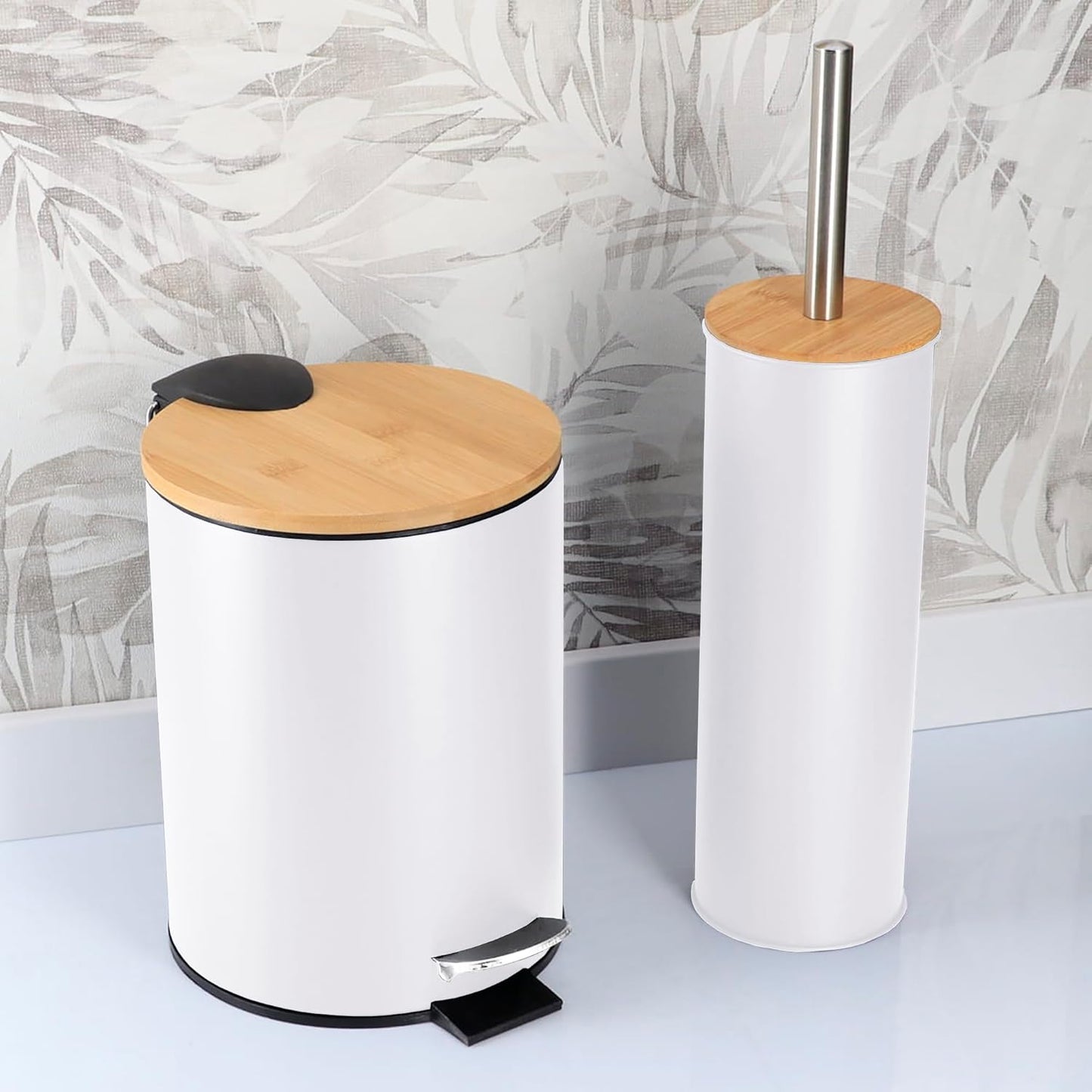 Terracotta Bathroom Set with Bamboo Lid - Matte Metal Trash Can and Toilet Brush, 2.5L Bin with Foot Pedal, Quick-Dry Brush Holder - Compact Set for Small Spaces