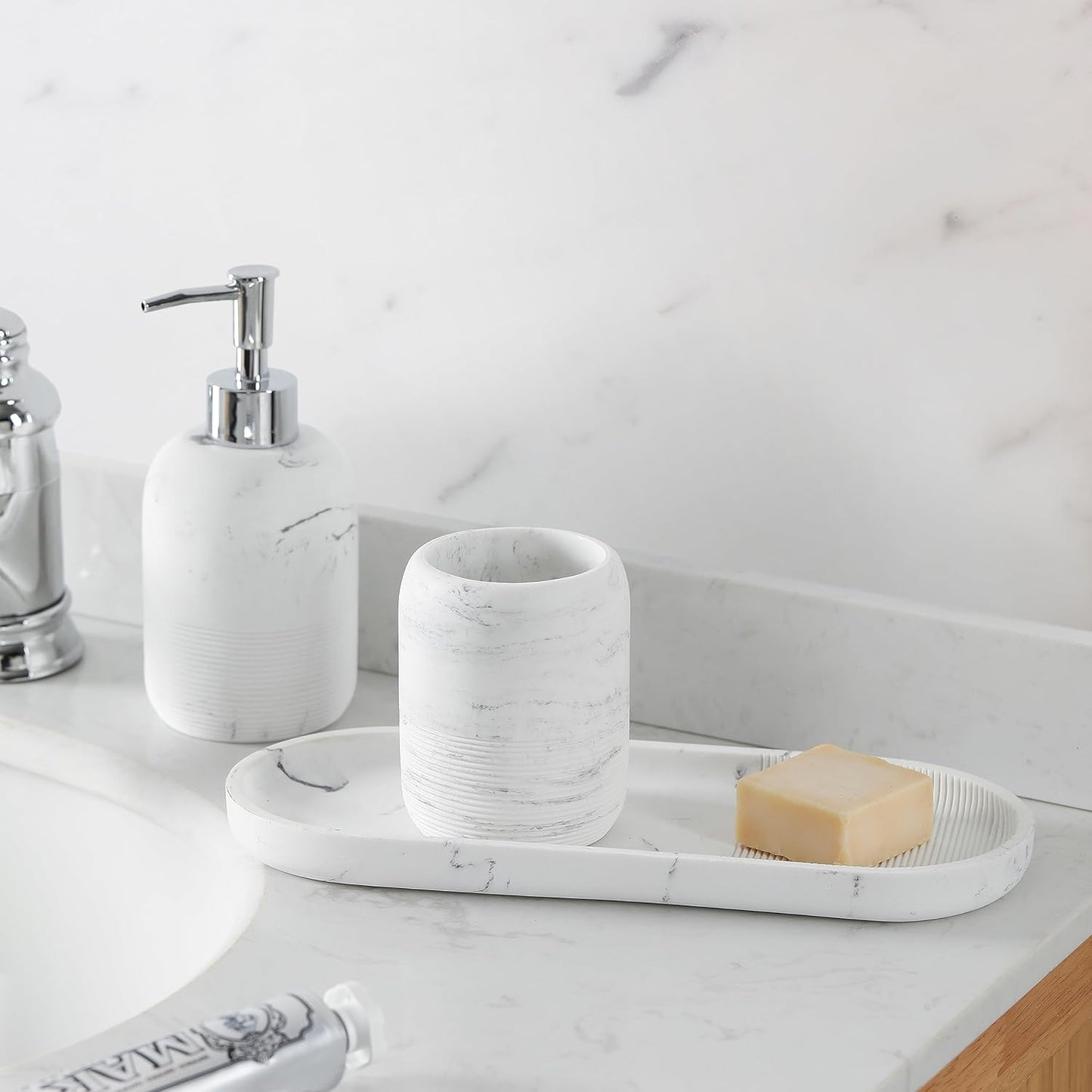 Bathroom Accessories Set, 5-Piece Resin Bath Accessory Complete Set with Lotion Dispenser/Soap Pump, Cotton Jar, Tray, Tumbler and Toothbrush Holder (Marble Look)
