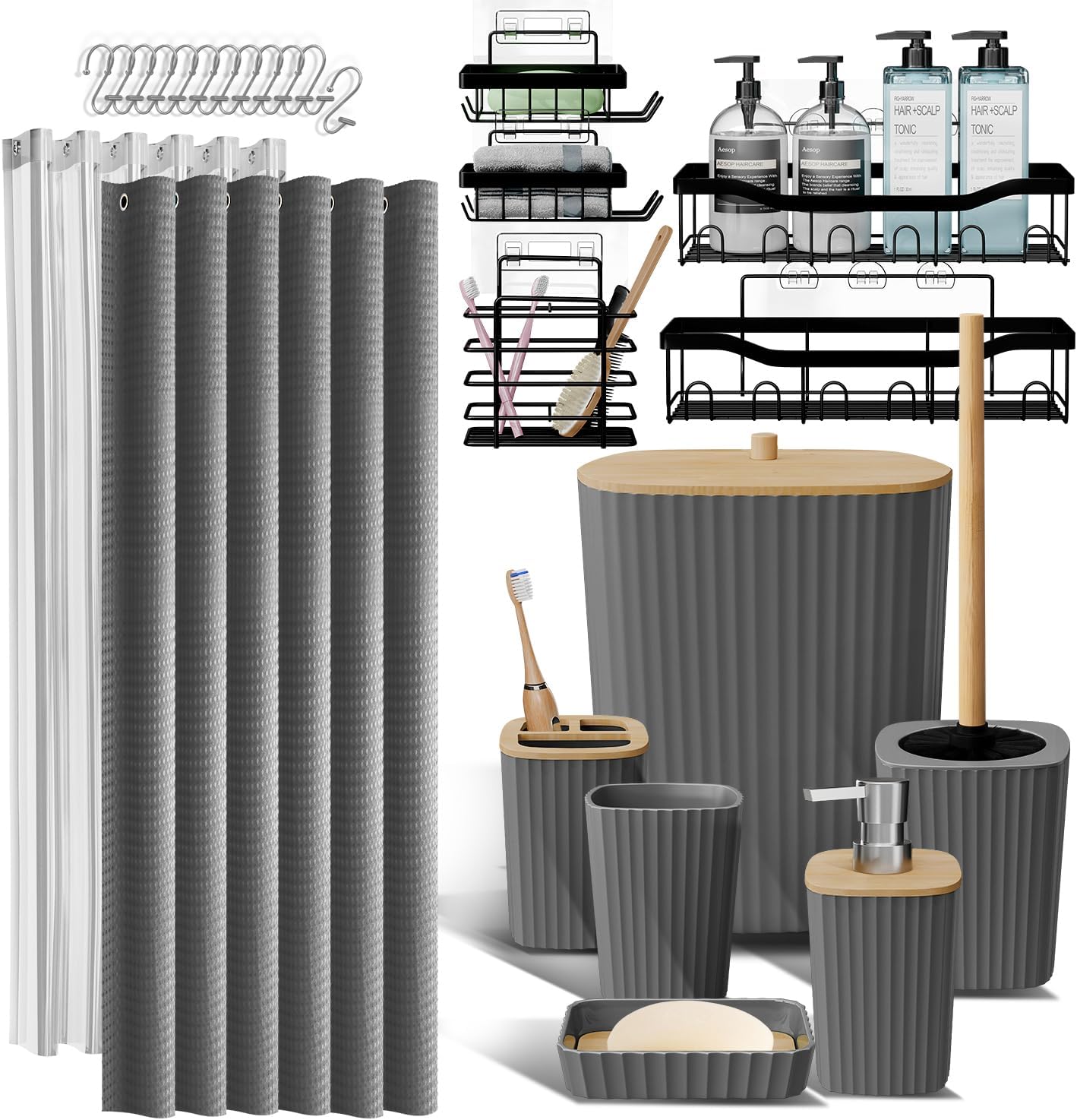 Bathroom Accessories Set with Shower Caddy and Bath Rugs 27PC Bathroom Accessory Set with Shower Caddies Green Bath Rugs, Shower Curtain Set, Toilet Brush, Trash Can, Soap Dispenser, Toothbrush holder