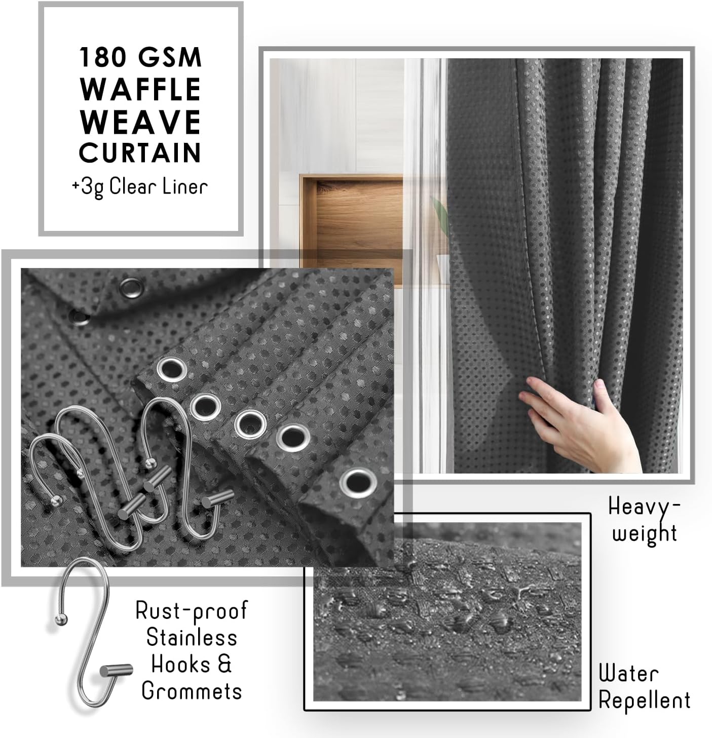 Clara Clark Bathroom Accessories Set - Grey Bathroom Set, Bathroom Sets with Shower Curtain and Rugs, 22PC Shower Curtain Set with Bathroom Trash Can