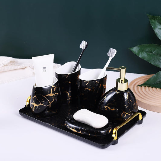 Black Bathroom Accessories Set,Gold Marble Look Bathroom Decor,Modern 6 Piece Bathroom Accessory Set,Complete with Soap Dispenser,Toothbrush Holder,Tumbler,Tray Countertop