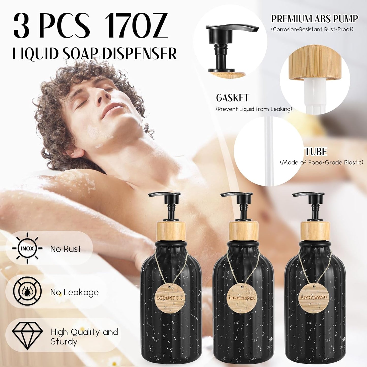 32PCS Bathroom Sets with Shower Curtain and Rugs,Bathroom Set Black Bathroom Accessories Black Shower Curtain Set with Bathroom Trash Can