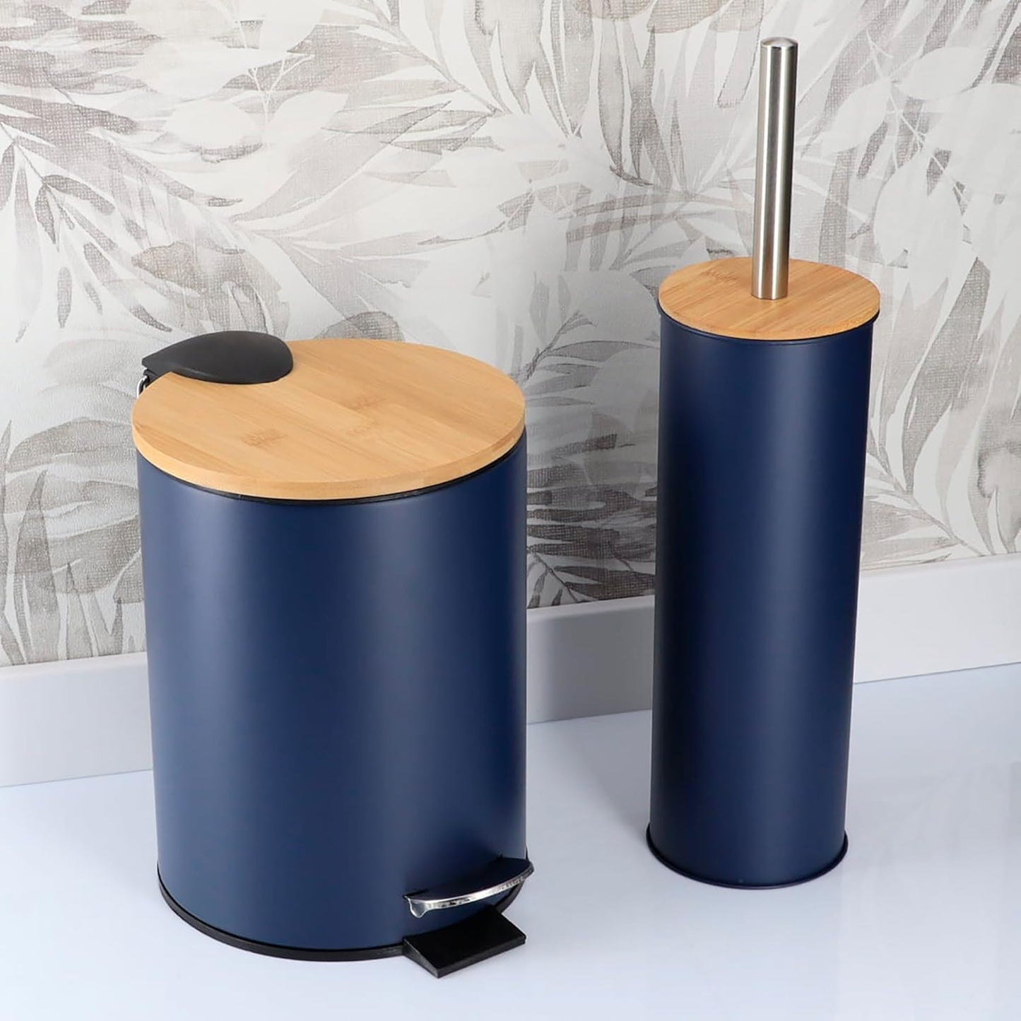 Terracotta Bathroom Set with Bamboo Lid - Matte Metal Trash Can and Toilet Brush, 2.5L Bin with Foot Pedal, Quick-Dry Brush Holder - Compact Set for Small Spaces