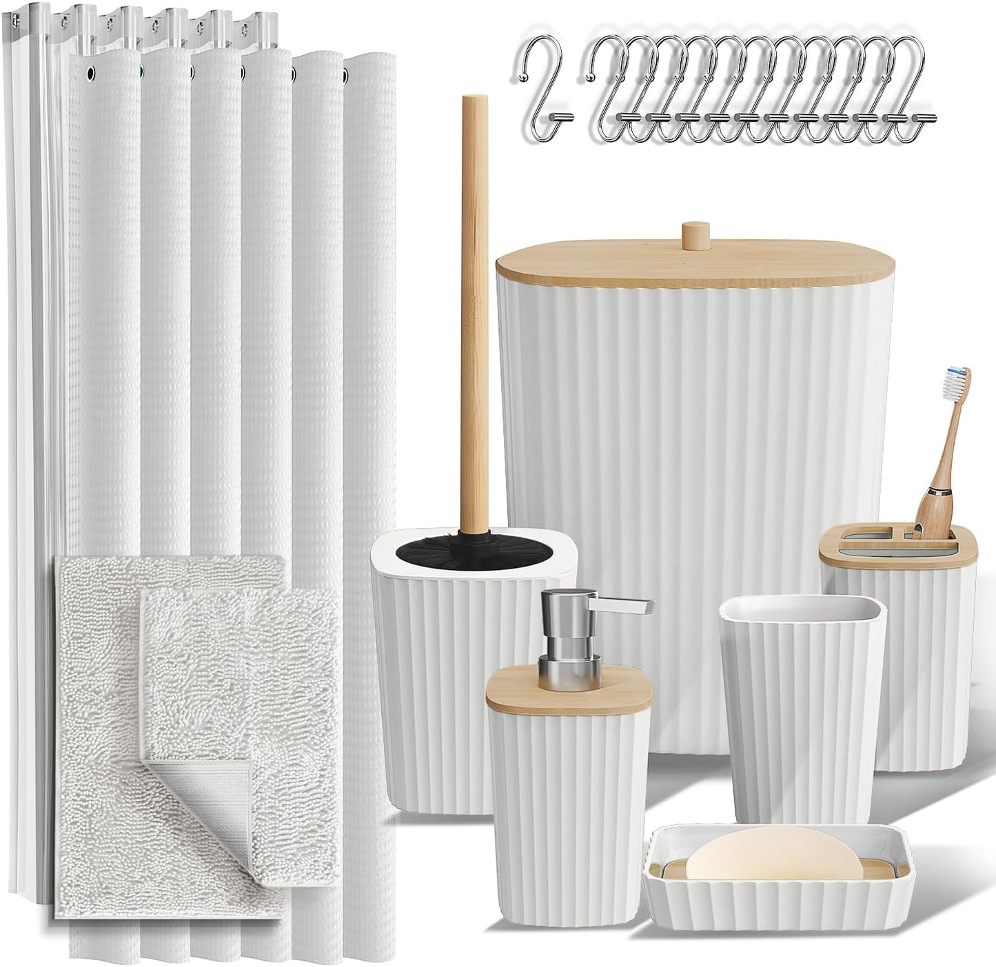 Clara Clark Bathroom Accessories Set - Grey Bathroom Set, Bathroom Sets with Shower Curtain and Rugs, 22PC Shower Curtain Set with Bathroom Trash Can