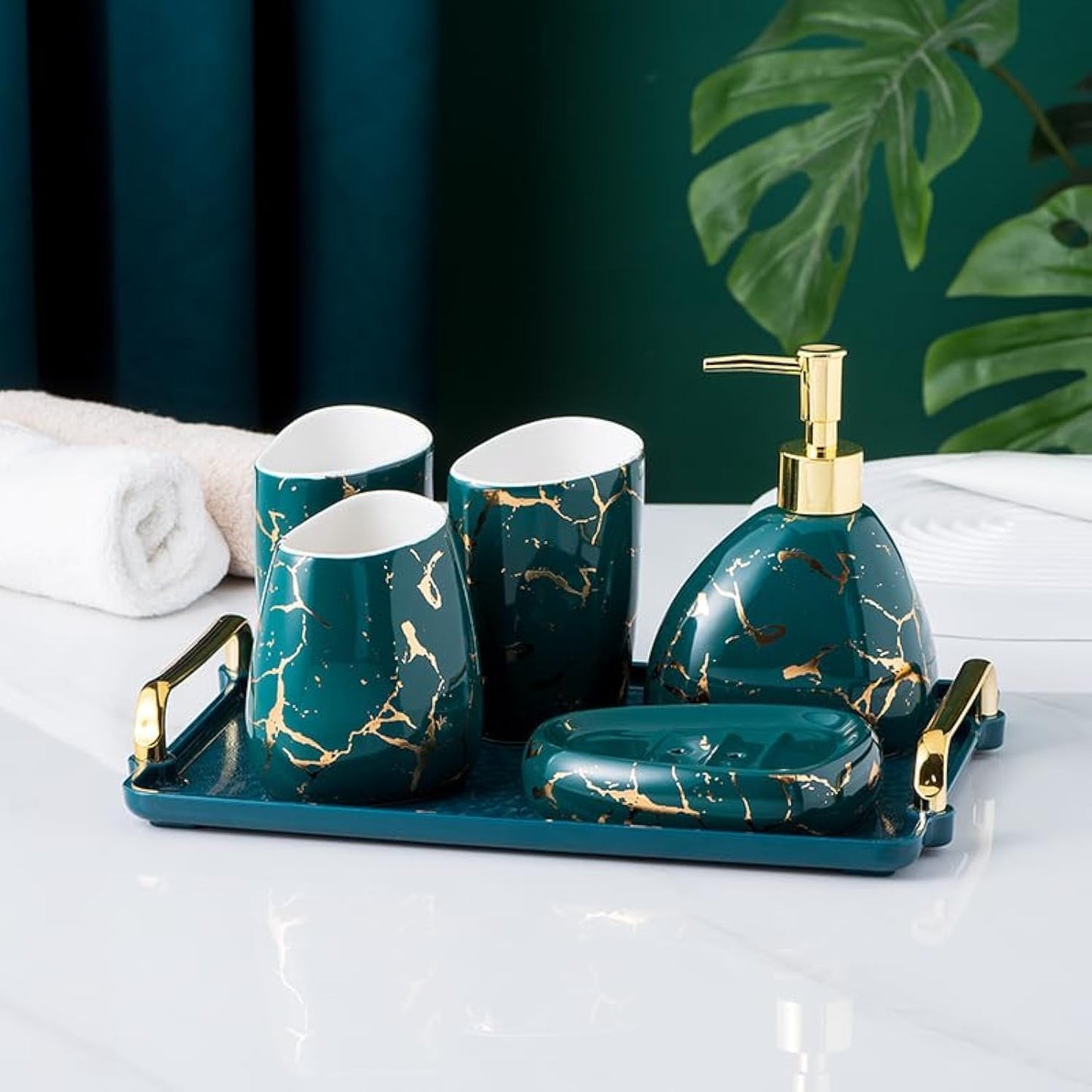 Black Bathroom Accessories Set,Gold Marble Look Bathroom Decor,Modern 6 Piece Bathroom Accessory Set,Complete with Soap Dispenser,Toothbrush Holder,Tumbler,Tray Countertop