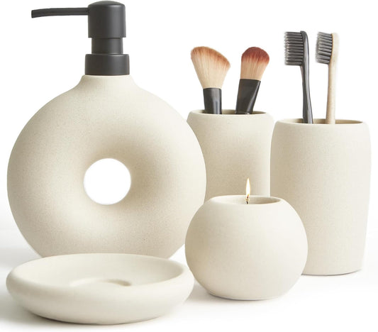 Ceramic Bathroom Accessory Set, 5 Pcs - Includes Soap Dispenser, Toothbrush Cup, Toothbrush Holder, Soap Dish & Candle Holder - Beige, Matte Glaze - Aesthetic Bathroom Decor